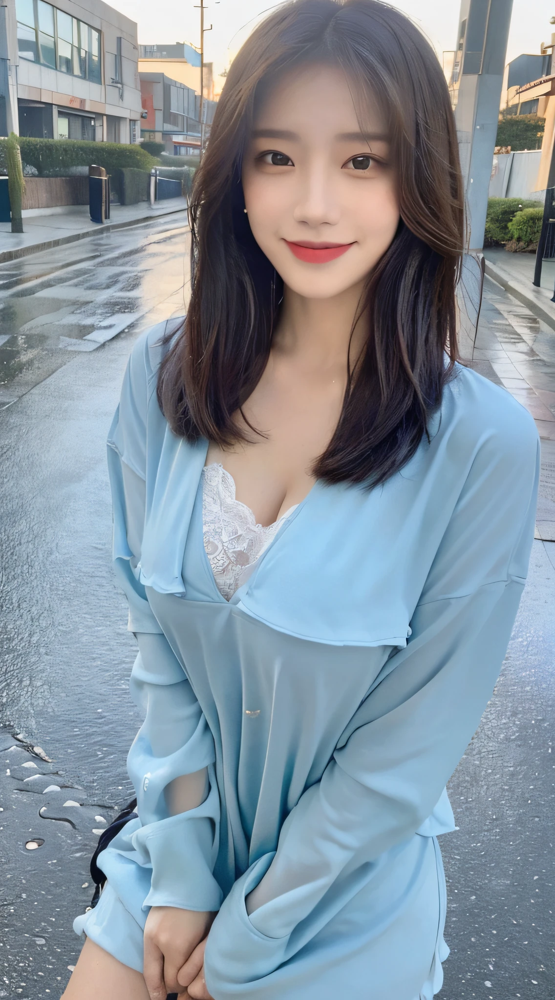 ((Best Quality, 8K, Masterpiece:1.3)), Focus: 1.2, Perfect Body Beauty: 1.4, Buttocks: 1.2, ((Layered Haircut, Breasts: 1.2)), (Wet Clothes: 1.1), (Rain, Street:1.3), Bandeau Dress: 1.1, Highly Detailed Face and Skin Texture, Fine Eyes, Double Eyelids, Whitening Skin, Long Hair, (Shut Up: 1.3), Smile