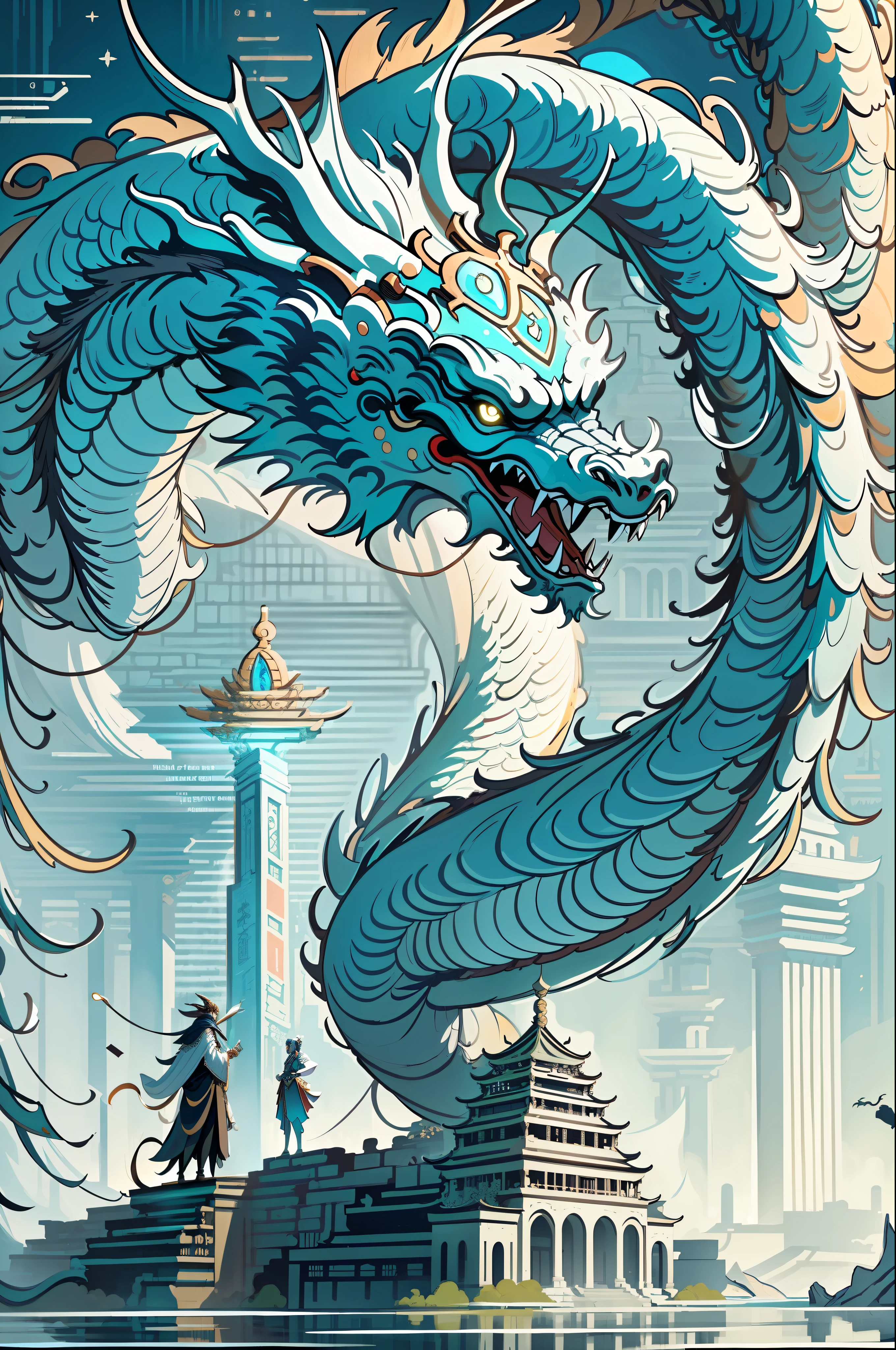 (masterpiece, best_quality, ultra-detailed, immaculate:1.3), epic, illustration, (long:1.2), eastern dragon, "the Dystopian Temple, Luminescent"