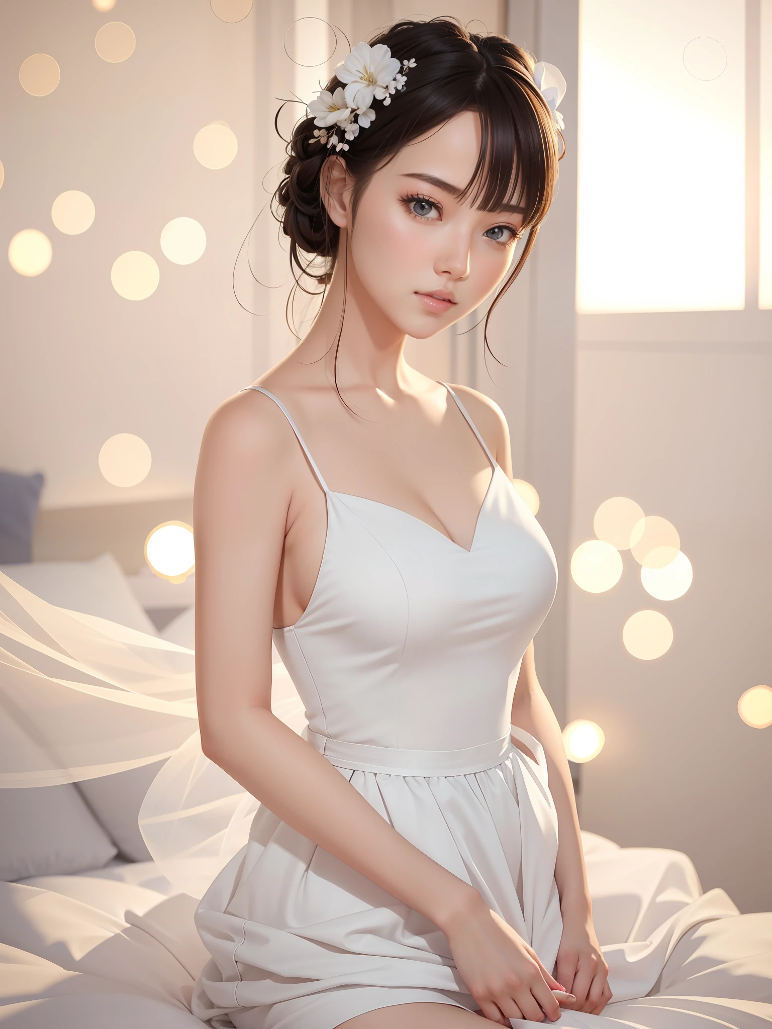 there is a woman sitting on a bed with a veil, artwork in the style of guweiz, 8k artgerm bokeh, smooth anime cg art, 3 d render character art 8 k, realistic anime 3 d style, guweiz, photorealistic anime girl render, 3 d anime realistic, guweiz masterpiece, soft portrait shot 8 k