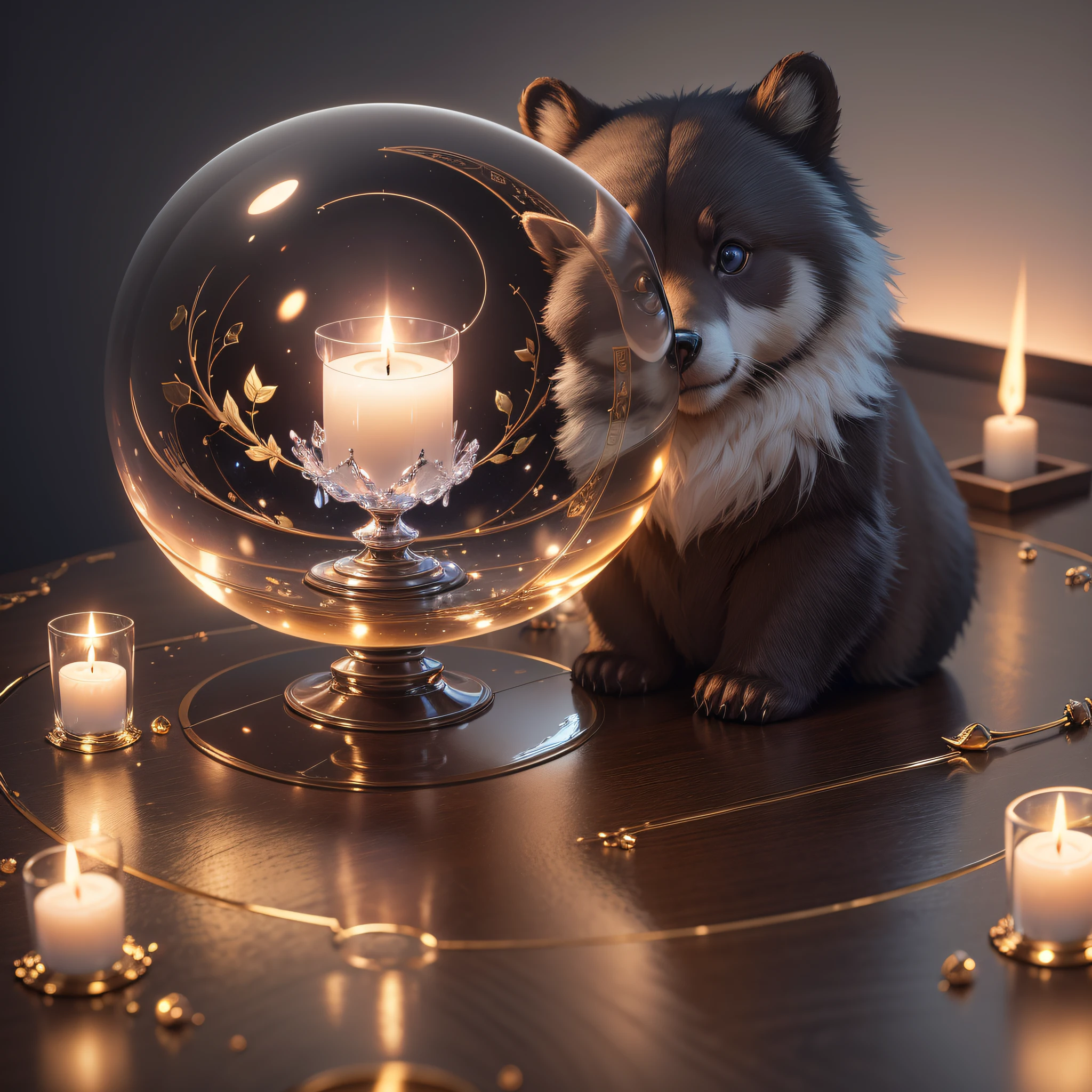 Masterpiece, best quality, extremely beautiful reflection, best reflection. (Very detailed CG unity 8k wallpaper), (best quality), (best illustration), (best shadow), crystal ball, desk, bear, white, candlelight, candle, --auto --s2