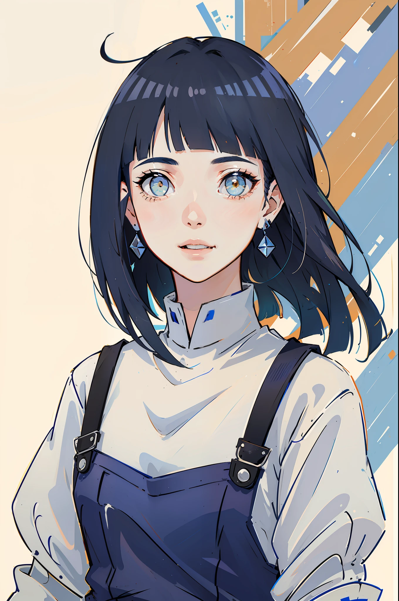 (Portraits:1.4), (masterpiece:1.2, best quality:1.2), from front, all body, full body
1girl, Look at viewer, face and body focus, extremely detailed character, extremely detailed clothes, good-looking, make up, standing, (((overall blue))), white shirt inner, earrings, (((blunt bangs))), ((long hair)), hinata/(boruto/), smile, detailed lips
