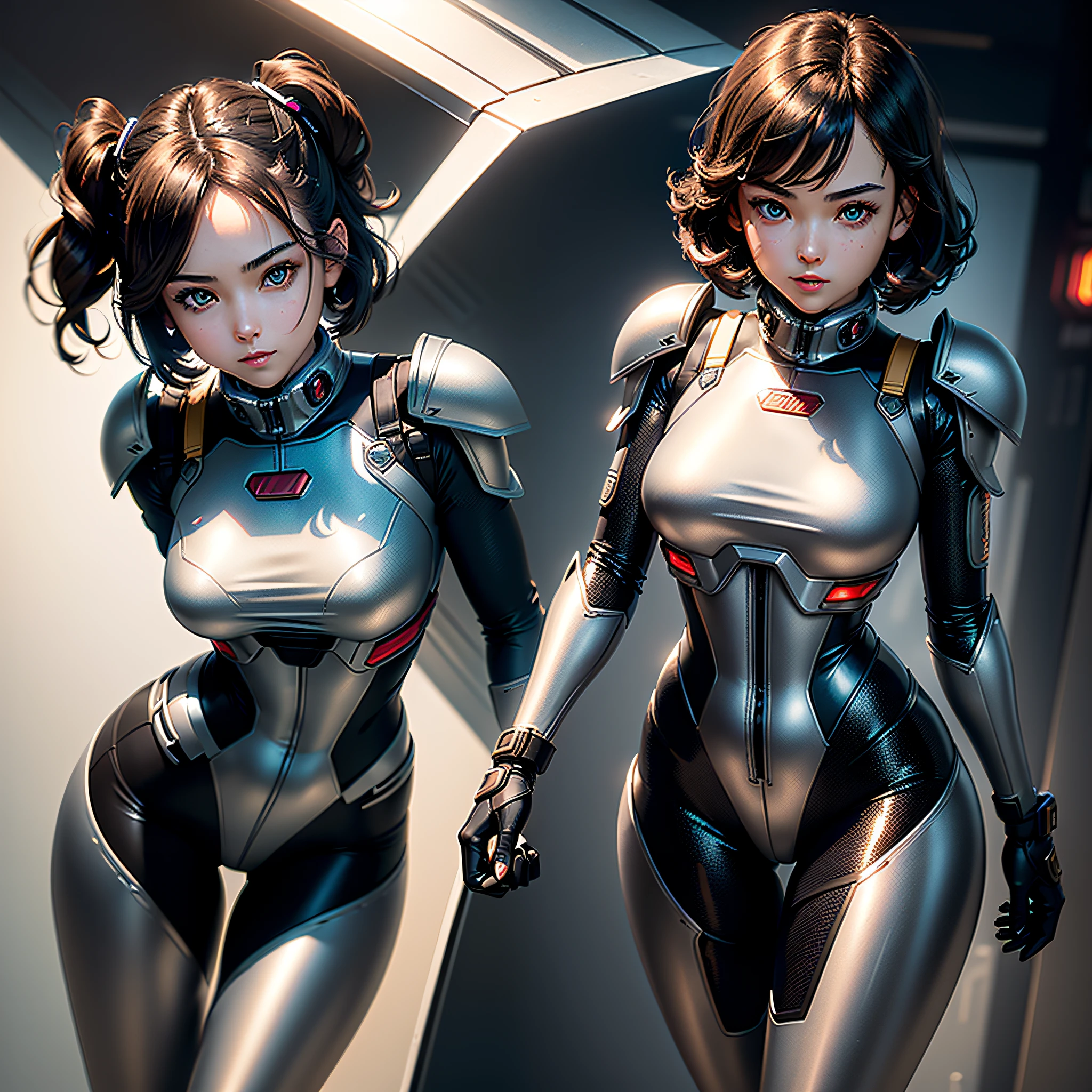 (Masterpiece, highest quality, highest resolution, distinct_image, very elaborate CG, cinematic lighting, ray tracing, drop shadows, detailed detail, (photorealism: 1.4), high quality textures, fine-grained, realistic face expression): (Girl alone, face is Japan, girl with brown hair, short hair, small size breasts, Detailed Gundam cockpit with sparkly black colored eyes, eye level shots, metallic black colored flight suit, tight fitting clothes, full-body covering clothes, light smile, beauty, slim body, exoskeleton, heroine, headset, long boots, gloves, solo ride)