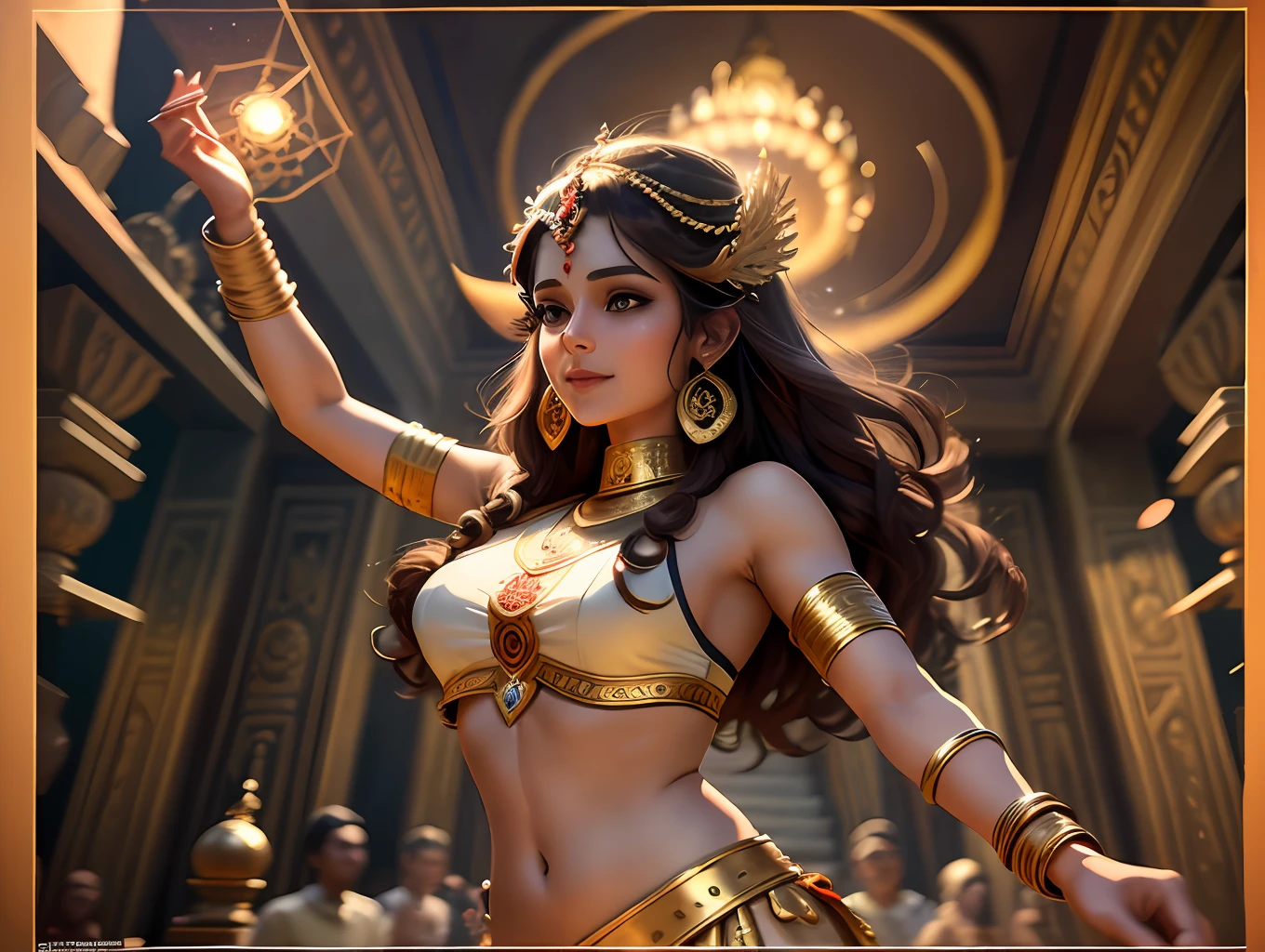 Gorgeous Indian goddess of lust, Dance in the temple, The gods danced with her, brown hair, light smile, cinematic lighting, pov, Suprematism, Wide-Angle, best quality, anatomically correct, masterpiece