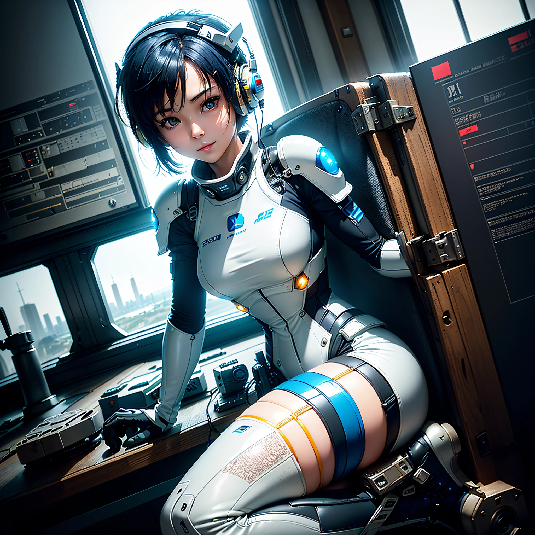 (masterpiece, highest quality, highest resolution, distinct_image, very elaborate CG, cinematic lighting, ray tracing, drop shadows, detailed detail, (photorealistic: 1.4), high quality textures, fine-grained, realistic face expression): (lone girl, face is Japan, short blue hair, small size breasts, sparkling eyes, Eye level shots, white and blue and black color flight suits, tight fit clothes, full-body covering clothes, light smile, beauty, slim body, exoskeleton, heroine, headset, long boots, gloves, riding and piloting a robot leaning forward, control panel, tools, safety devices, radar displays, touch panels, various indicators, levers, computer keyboard, Mouse, warning light, fuel gauge, pressure gauge, control tower outside the window, large lever, foot access pedal, brake pedal, chunky manual, )