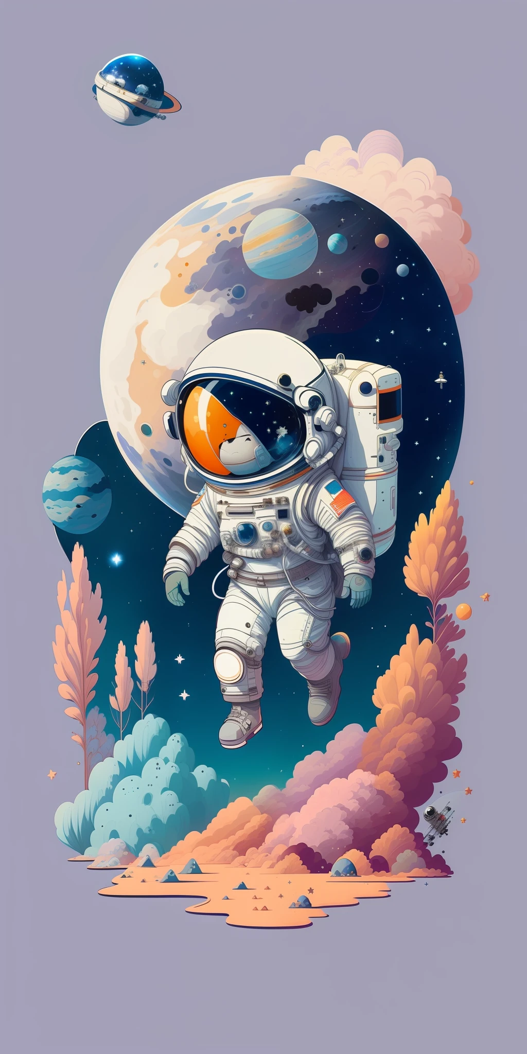 an astronaut floating in the air with a planet in the background, lonely astronaut, detailed astronaut, astronaut, space walk, jen bartel, an astronaut, cosmonaut, astronaut walking, space travel, cute astronaut sticker art, spacesuit, astronaut below, space, astronaut stranded on planet, futuristic astronaut, space exploration, space suit, of space travel, space colors