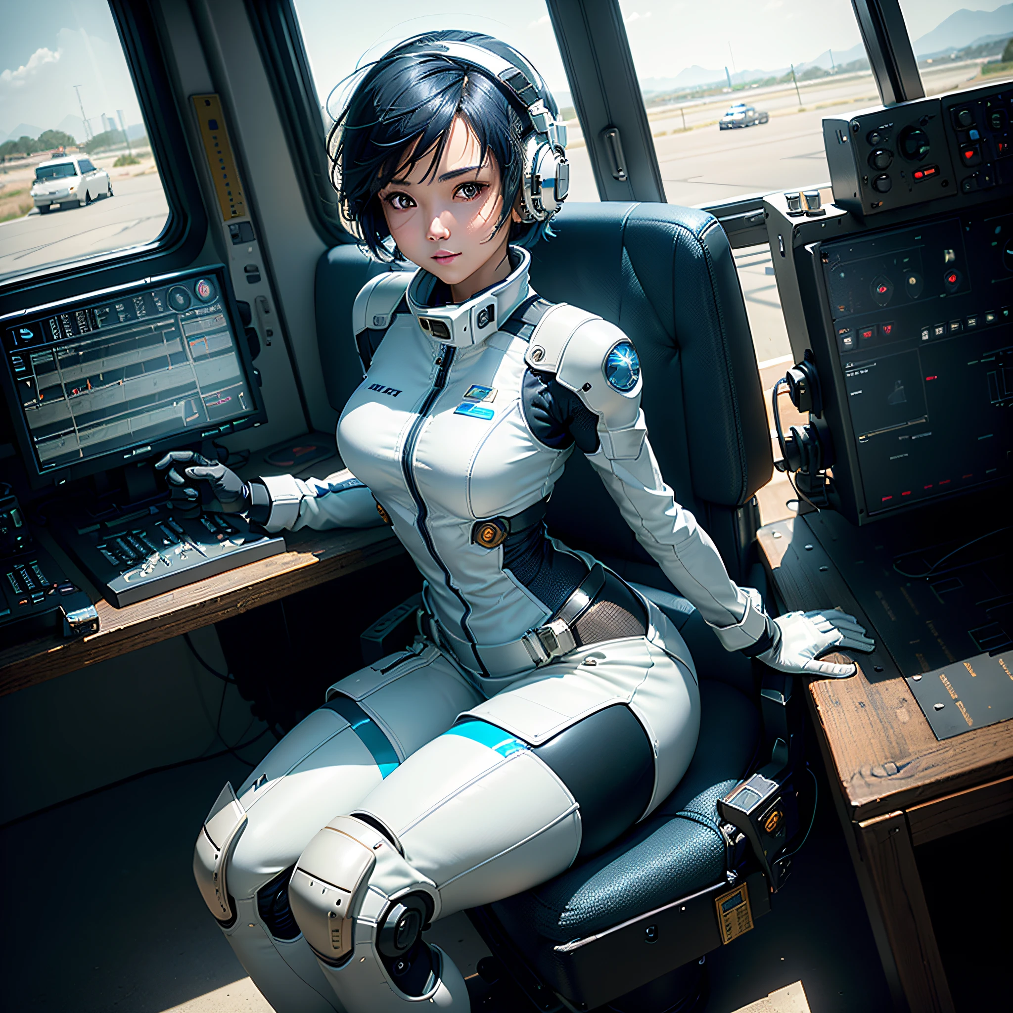(masterpiece, highest quality, highest resolution, distinct_image, very elaborate CG, cinematic lighting, ray tracing, drop shadows, detailed detail, (photorealistic: 1.4), high quality textures, fine-grained, realistic face expression): (lone girl, face is Japan, short blue hair, small size breasts, sparkling eyes, Eye level shots, white and blue and black color flight suits, tight fit clothes, full-body covering clothes, light smile, beauty, slim body, exoskeleton, heroine, headset, long boots, gloves, riding and piloting a robot leaning forward, control panel, tools, safety devices, radar displays, touch panels, various indicators, levers, computer keyboard, Mouse, warning light, fuel gauge, pressure gauge, control tower outside the window, large lever, foot access pedal, brake pedal, chunky manual, )