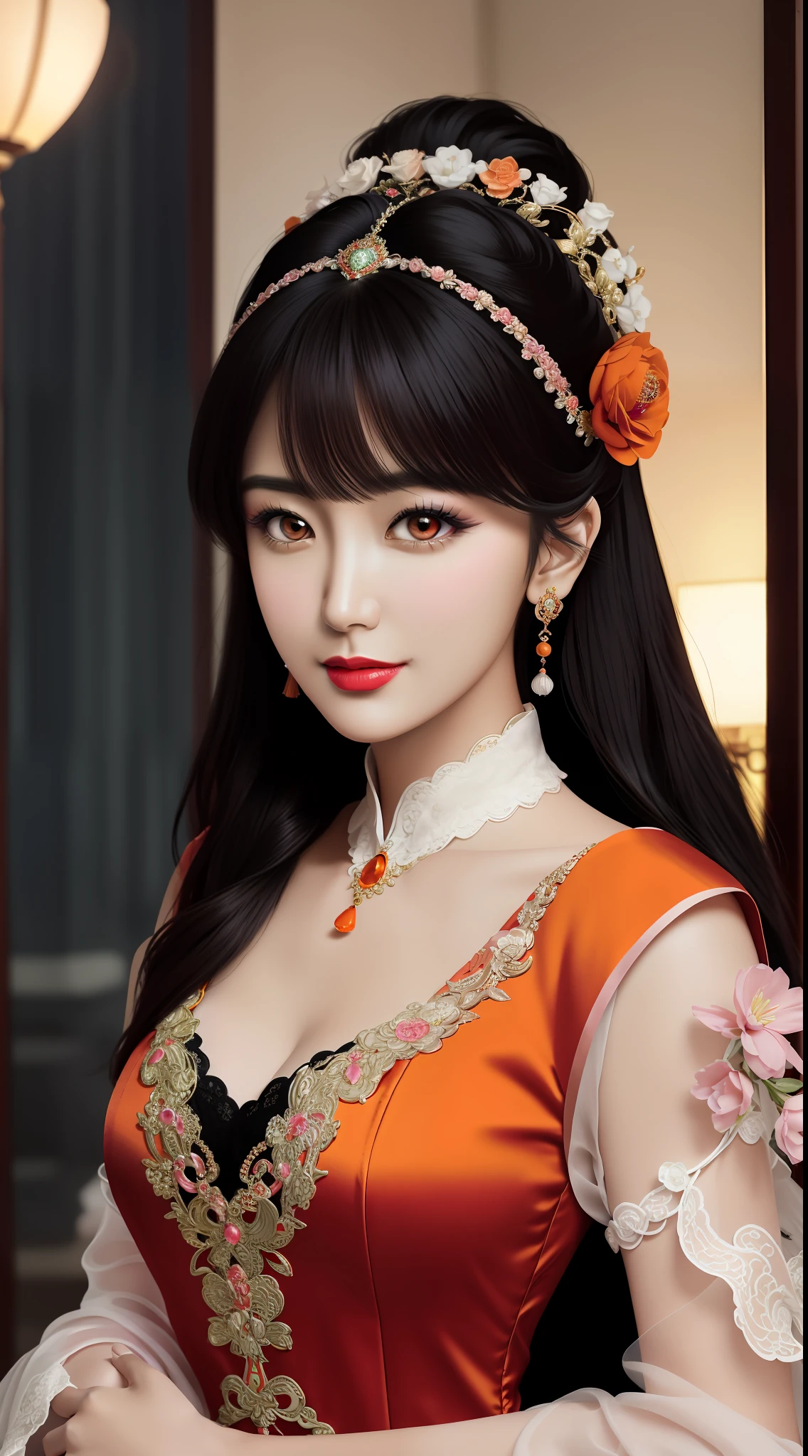 1 beautiful adult princess , looking at viewer, upper body, realistic,real girl, gentle girl, Girly, smooth pink and white skin, Front bangs, large breasts and round, excessively frilled princess dress, draped clothes, flawless face, jewelry, high nose, ornament, flower, lace trim, beautiful big and round orange eyes, sharp eyebrows, very sharp and detailed peacock eyelashes and makeup,orange red lipstick, Smile without opening your lips, long silky black hair and jewelry clips, masterpiece, best quality, 8k, detailed skin texture, detailed cloth texture, beautiful detailed face, intricate details, chinese ancient style, ultra detailed, rim lighting, side lighting, cinematic light, ultra high res, 8k uhd, film grain,best shadow, delicate, RAW photo, detailed and clear images, extremely sharp images,