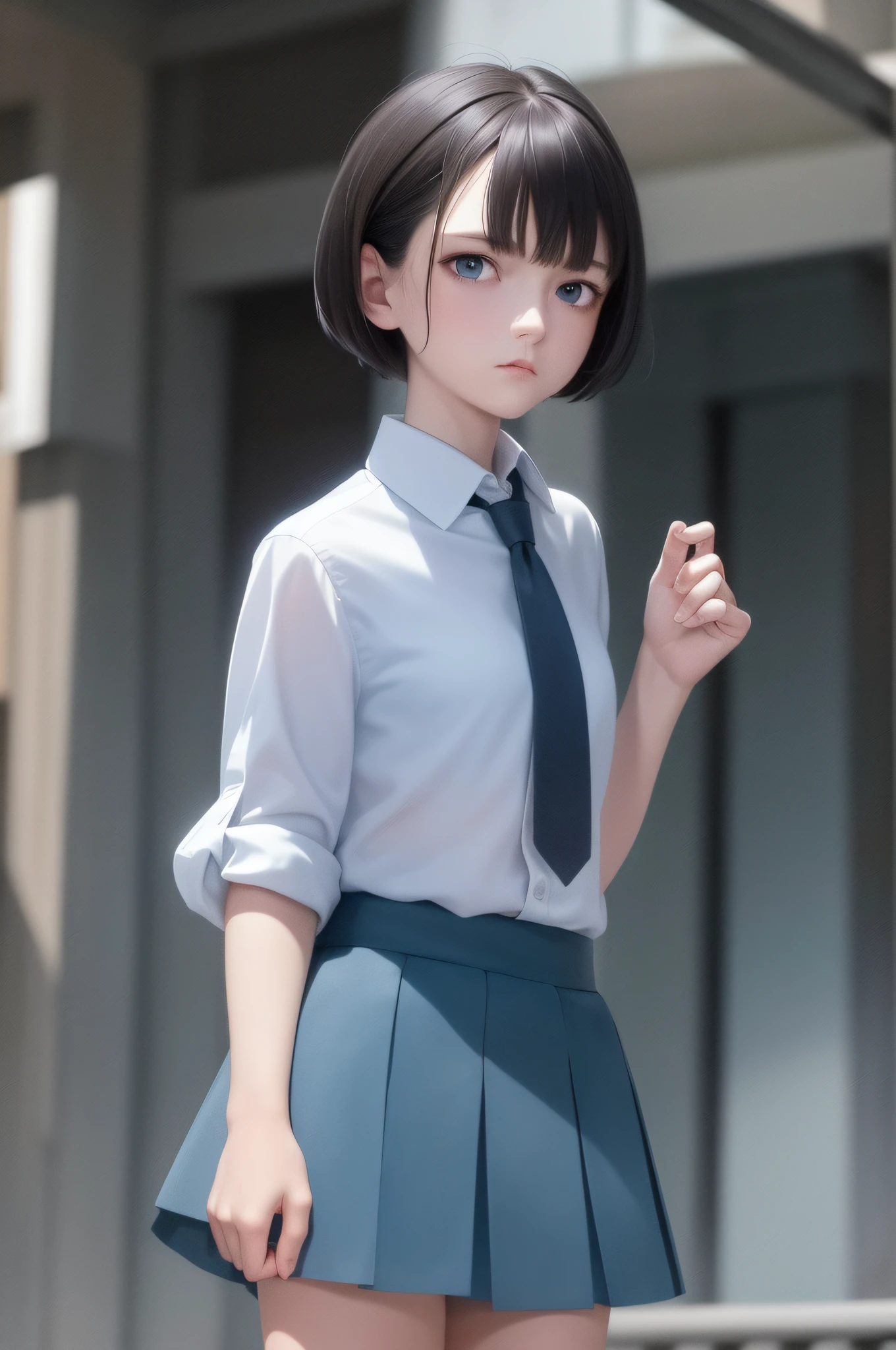 masterpiece, best image quality, dark hair, blue eyes, looking up, upper body, thin transparent shirt with white collar, textured face, stubborn stance, trinket in hand, shading, light awn, watercolor style, one girl, pointed small, neat thin soft cloth skirt, random hairstyle short hair