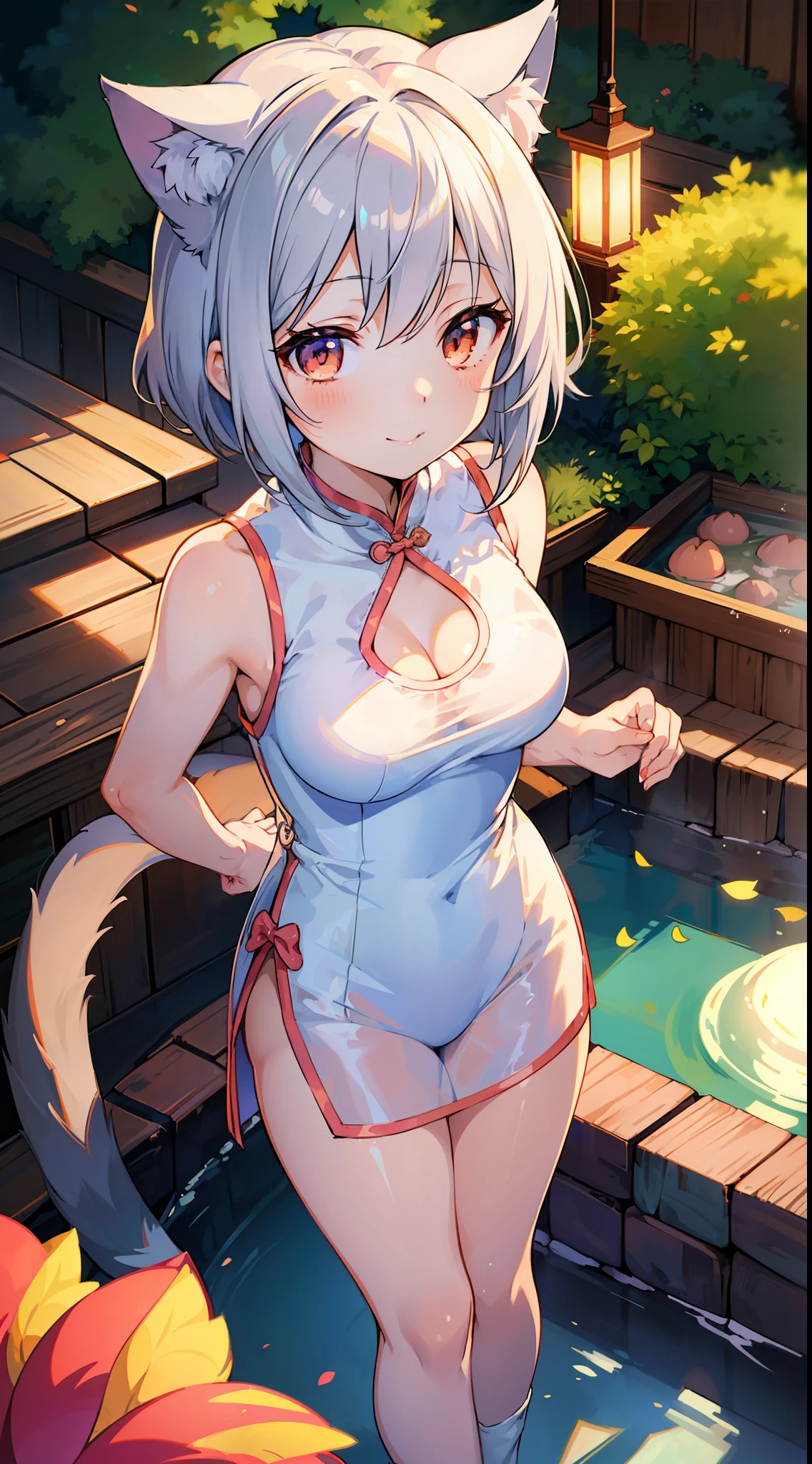 Masterpiece, Top Quality Anime Illustration, Super Detail, One Girl, Solo, Beautiful Girl with Silver Hair, Anime , Cat Ear Lolile Color Peach See-Through Cheongsam, Short Cheongsam, Sleeveless, Smile, Bare Skin Side Breast, Thigh Focus, Cleavage Enhancement, Hot Spring