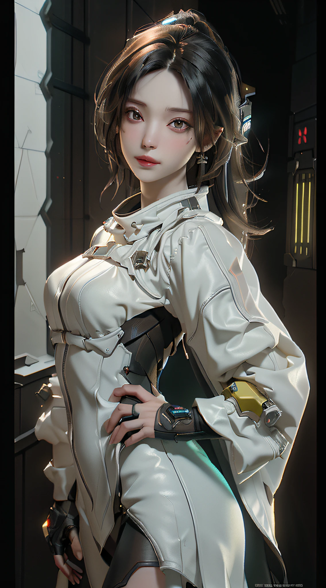 ((Best quality)), ((masterpiece)), (detailed:1.4), 3D, an image of a beautiful cyberpunk female,HDR (High Dynamic Range),Ray Tracing,NVIDIA RTX,Super-Resolution,Unreal 5,Subsurface scattering,PBR Texturing,Post-processing,Anisotropic Filtering,Depth-of-field,Maximum clarity and sharpness,Multi-layered textures,Albedo and Specular maps,Surface shading,Accurate simulation of light-material interaction,Perfect proportions,Octane Render,Two-tone lighting,Wide aperture,Low ISO,White balance,Rule of thirds,8K RAW,