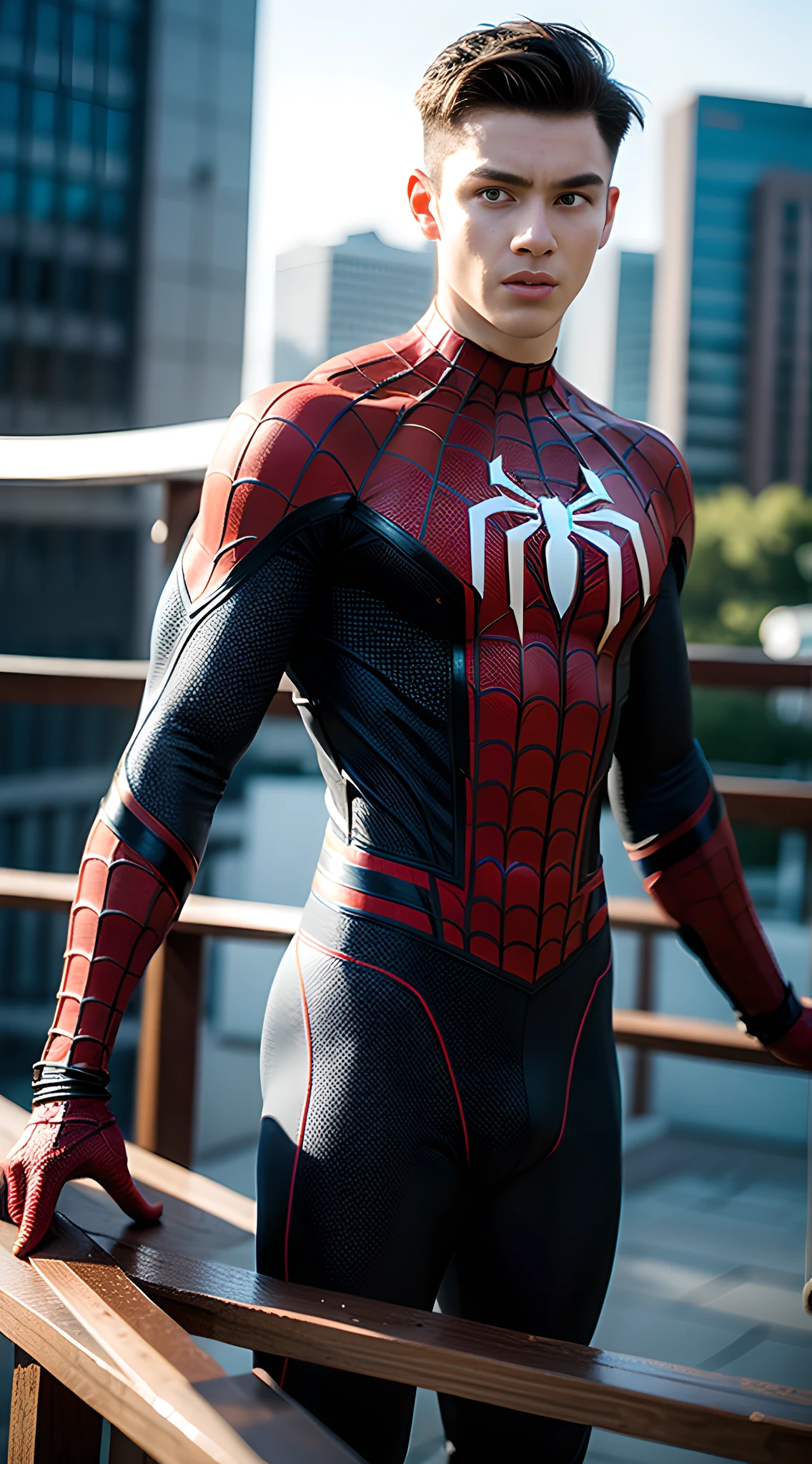 (one), (man), spider-man, handsome muscular high school boy, in the sky, (high detail: 1 1), natural skin, high quality, beautiful eyes, (detailed face and eyes), (face: 1 2), noise, real photo, PSD, sharp focus, high resolution 8K, realistic and professional photo, 8K UHD, soft lighting, high quality, Film Grain, Fujifilm XT3