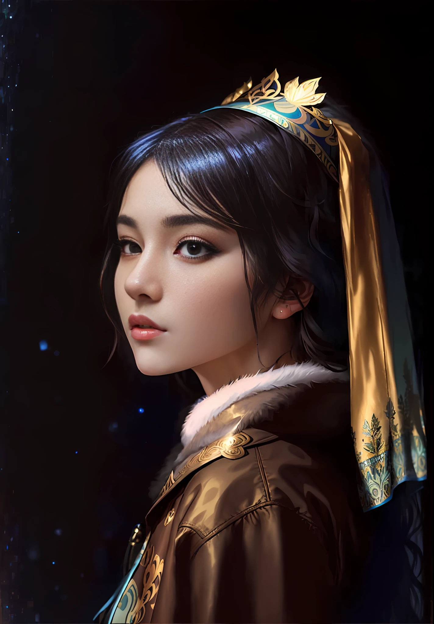 (Positive Focus, Original Photo), Portrait Close-up,shiny pupils,blue pupils, (In the Dark:1.1), Surrealist Female Portrait David Hockney and Alphonse Mucha, fantasy art, 1 girl, dressed in gorgeous fur, photorealistic, dynamic lighting, art station, poster, volumetric lighting, very detailed faces, 4 K, winner, 1 girl, shadow, understated, (official costume: 1.4, gorgeous furs, complex costumes, furs), looking at the camera, half-length lenses, ((realistic face))),