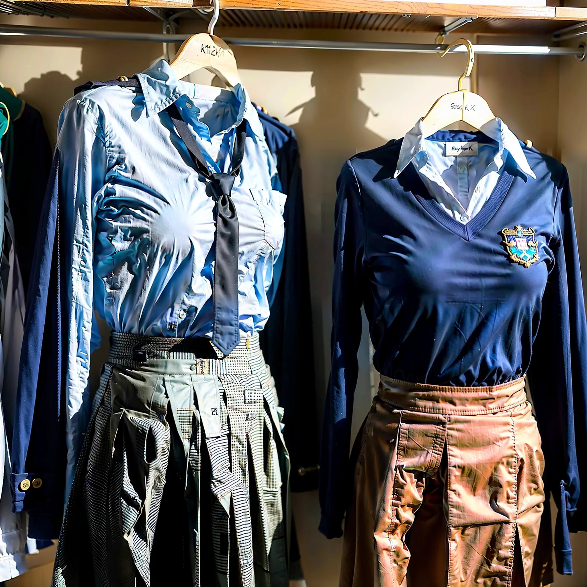 (Best quality, 8k, 32k, Masterpiece, UHD:1.2),invisible girls, beauty Japanese girl, narrow waist, blue shirt, school girls, school uniforms, from behind, in closet, hanger, (stick out one's buttocks:1.2), look at viewers, hanger school uniform, as if invisible girls wear school uniforms, headless, faceless, empty school uniforms, hanger school uniforms in closet swells as if worn by invisible girls, swelling school uniforms raise their sleeves