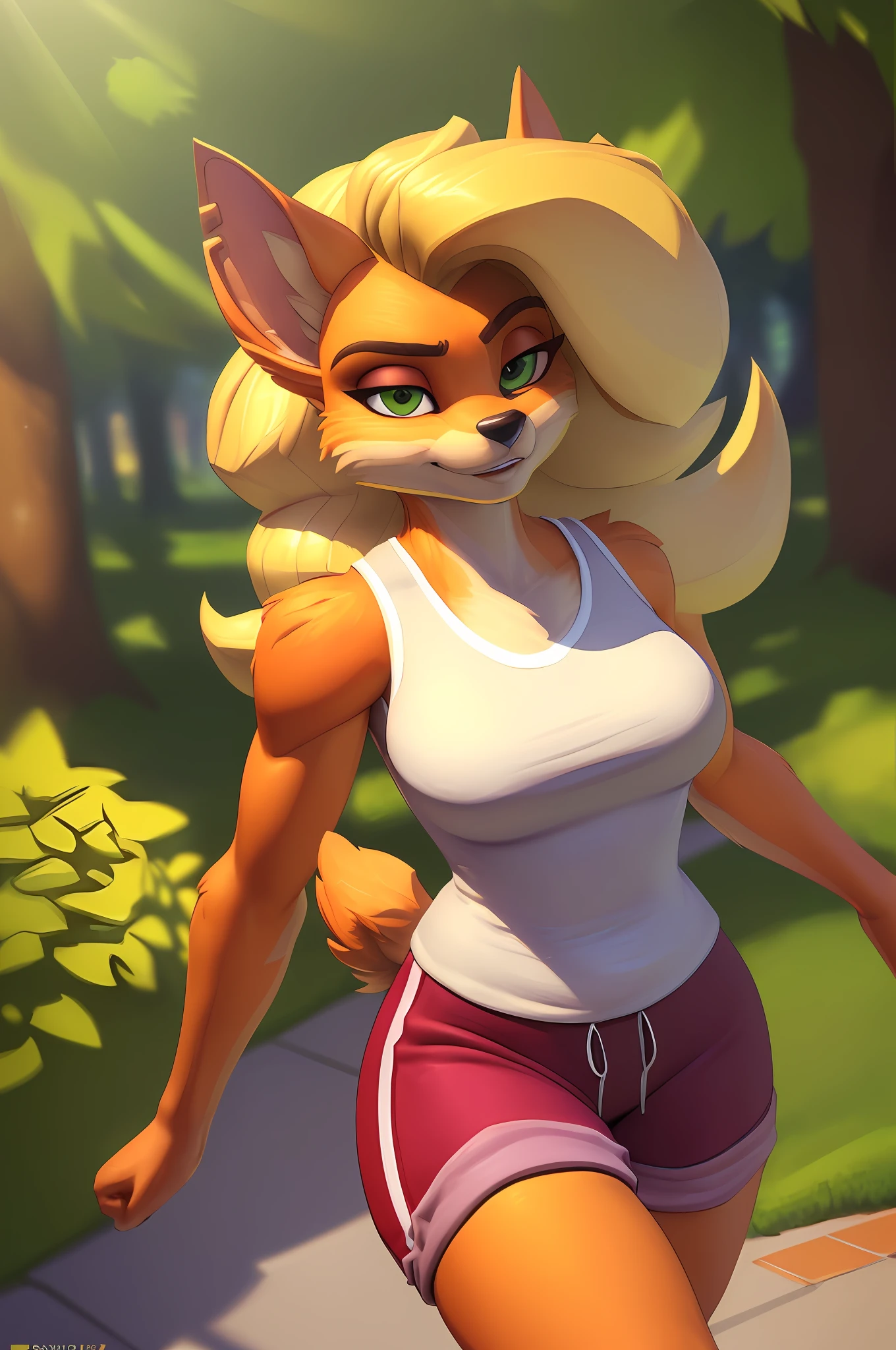 [originaltawna], [Uploaded to e621.net; (Pixelsketcher), (wamudraws)], ((masterpiece)), ((solo portrait)), ((furry; anthro)), ((detailed fur)), ((raytracing)), ((detailed shading)), ((beautiful 3D art)), {anthro; (orange fur, black nose, pointed ears, long curly blonde hair), beautiful green eyes, happy smirk, (white tank top, small boobs, red jogging shorts, red sneakers)}, (walking; attractive pose), [background; park; (trees, sidewalk, sun rays through leaves), flowers]