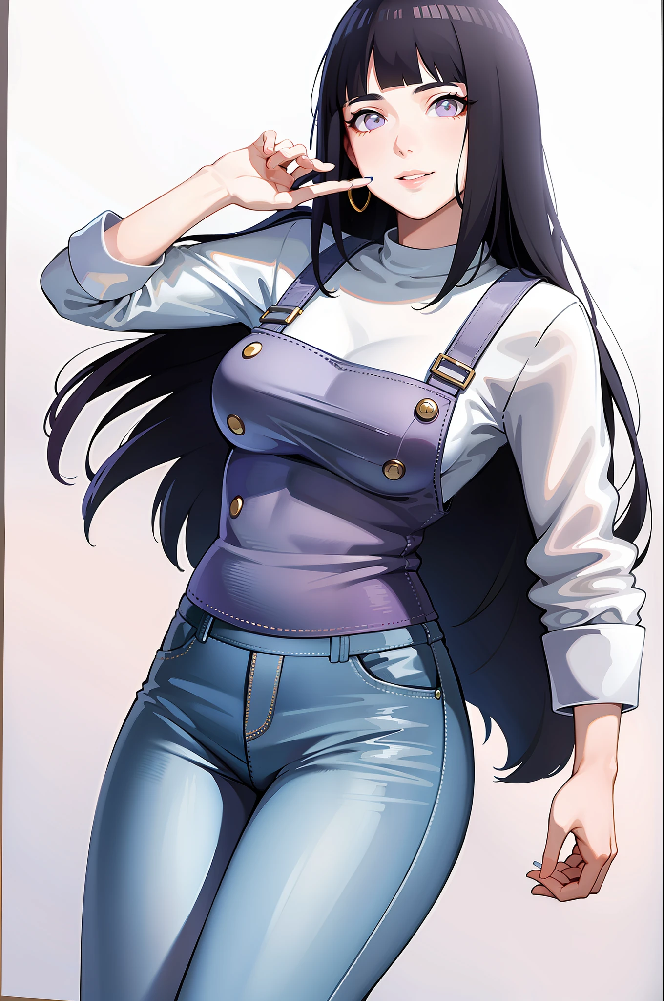 (Portraits:1.4), (masterpiece:1.2, best quality:1.2), from front, all body, full body
1girl, Look at viewer, face and body focus, extremely detailed character, extremely detailed clothes, good-looking, make up, standing, (((overall jeans))), white shirt inner, earrings, (((blunt bangs))), ((long hair)), hinata/(boruto/), big purple eyes, smile, detailed lips