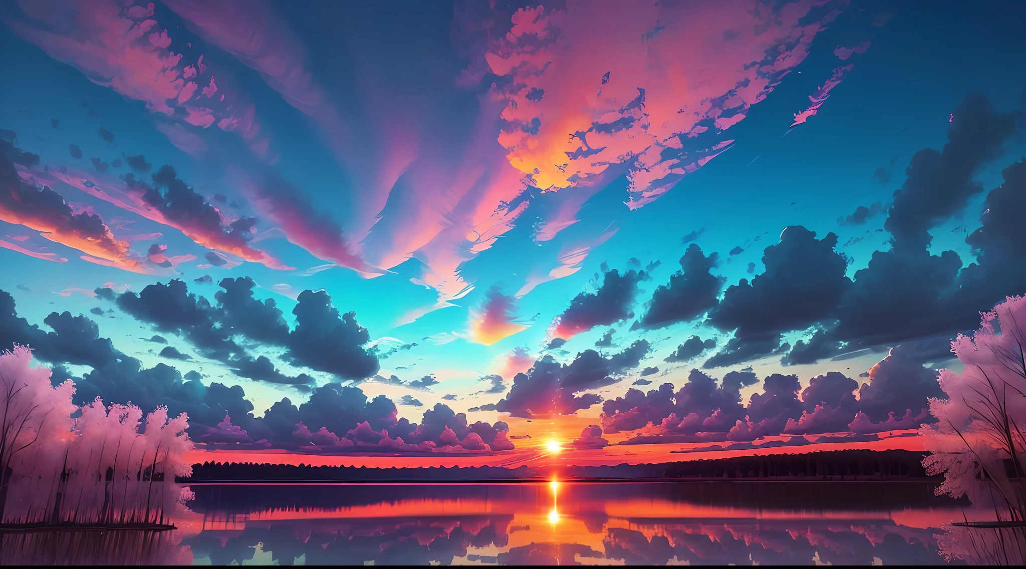 there is a beautiful sunset with a lake and trees in the background, colorful skies, surreal colors, colorful sunset, colorful sky, marvellous reflection of the sky, stunning sky, dream like atmosphere 8k, colorful clouds, colors reflecting on lake, surreal sky, red and blue reflections, fire reflection, beautiful sky, beautiful and spectacular dusk, beautiful dreamy landscape, amazing sky --auto --s2