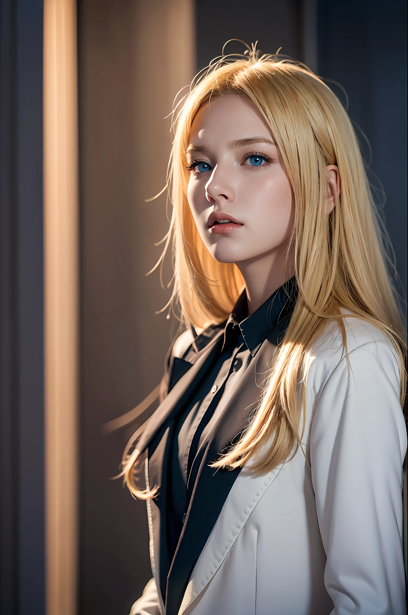 Best quality, masterpiece, ultra high res, (photorealistic:1.4), raw photo, 1girl, blonde hair, blue eyes, detailed eyes and face, black suit, dynamic lighting, in the dark, deep shadow, low key, cowboy shot full-lenght body