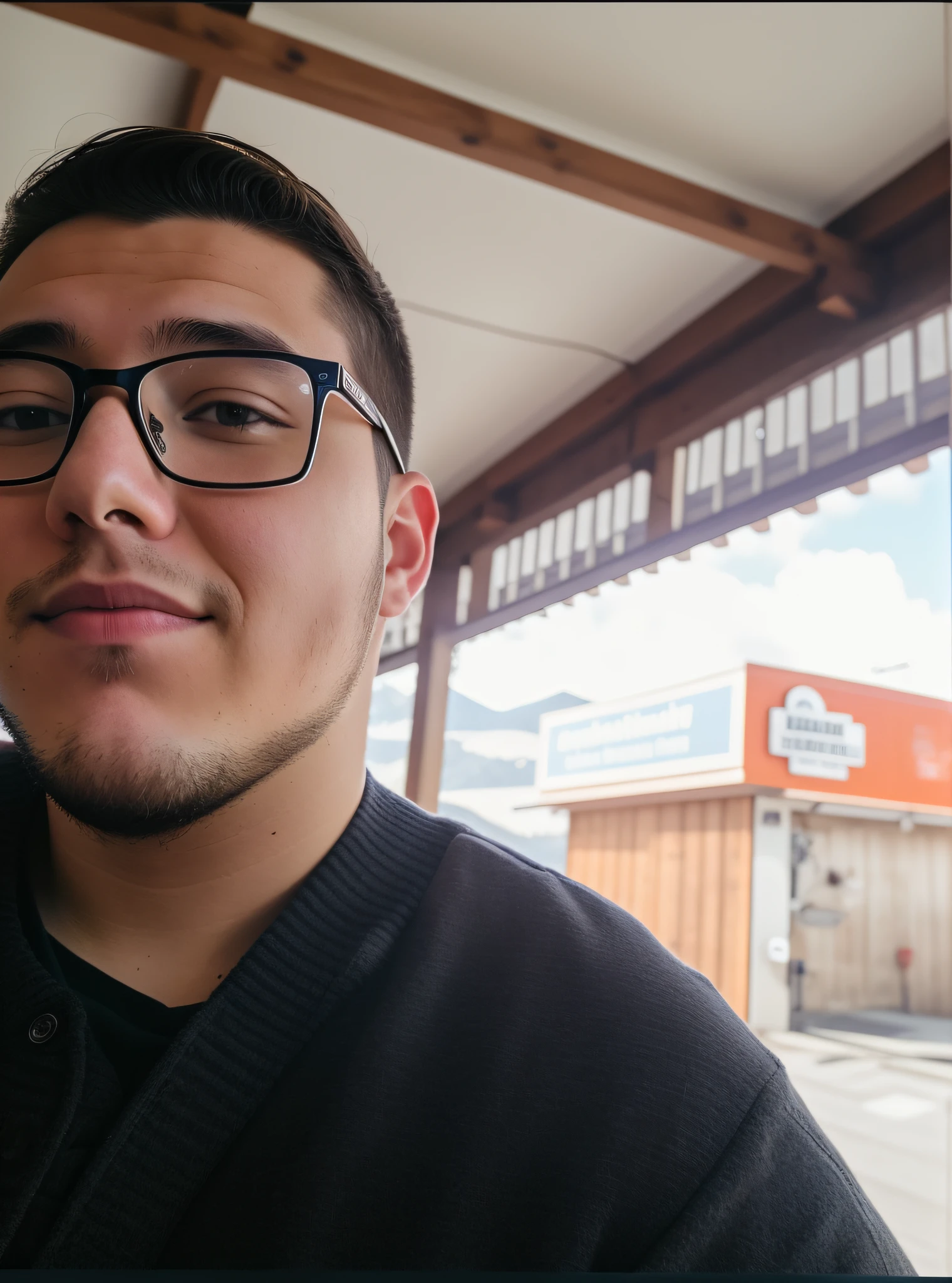 There is a young man with glasses when taking a picture of himself, around 1 , very low quality photo, looking at the camera, beard to do, 8k, wide cheeks, unreal engine 5, chubby, gorgeous scenery, cinematic light, chopped hair