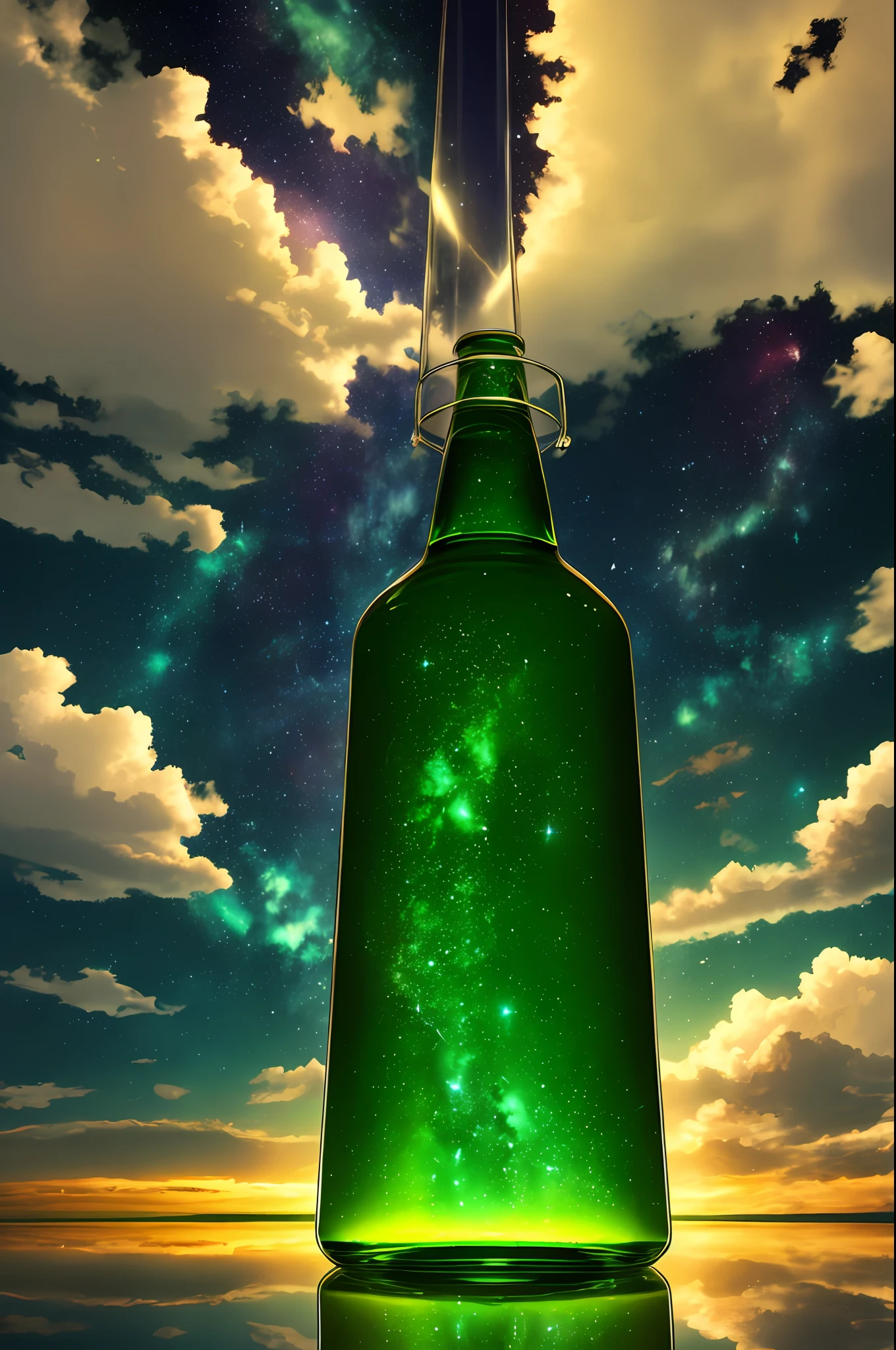 green bottle, clear liquid, no human, reflection, starry sky, landscape, cloud, glow