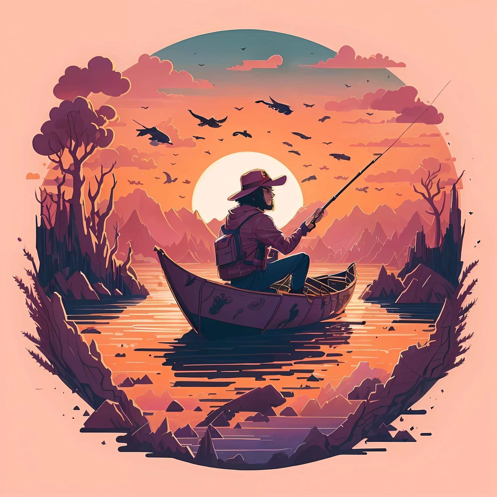 a man in a boat fishing on a lake with birds flying around, jen bartel, a beautiful artwork illustration, sunset illustration, fisherman, inspired by Cyril Rolando, in style of cyril rolando, serene illustration, by Justin Gerard, illustration style, detailed 2d illustration, in style of laurie greasley, in the art style of dan mumford, 2d matte illustration