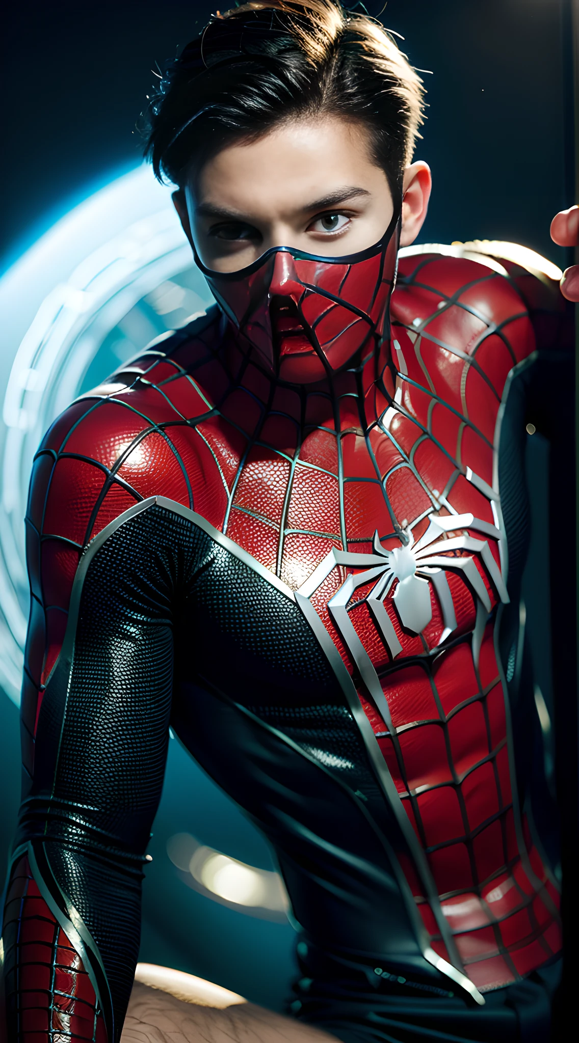 (Alone), (Man), spider-man, handsome muscular high school boy, in space, (High Detail: 1 1), Natural Skin, High Quality, Beautiful Eyes, (Detailed Face and Eyes), (Face: 1 2), Noise, Real Photo, PSD, Sharp Focus, High Resolution 8K, Real and Professional Photos, 8K UHD, Soft Lighting, High Quality, Film Grain, Fujifilm XT3