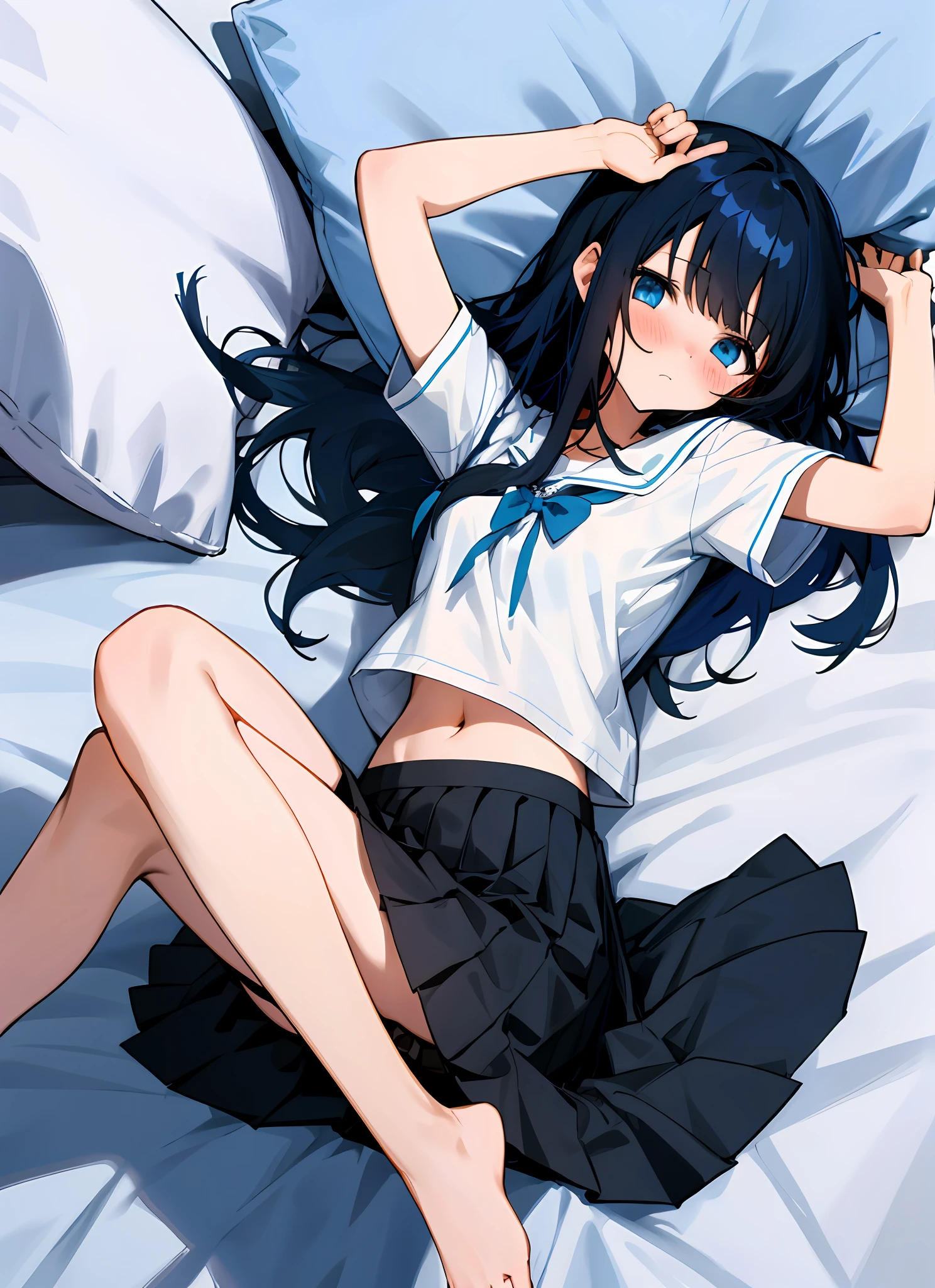 anime wallpaper dark haired bluehaired-girl laying prone on bed with her legs together and hands behind her head, 1 girl, solo, navel, skirt, lying, long hair, blue eyes, pillow, black hair, looking at viewer, shirt, underwear, on back, white shirt, panties, blush, breasts, on bed, short sleeves, pleated skirt, black panties, black skirt, bangs