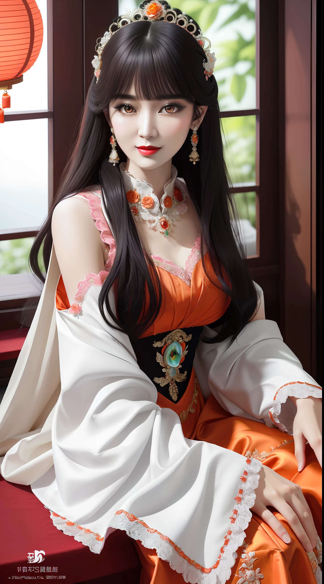 1 beautiful adult princess , looking at viewer, upper body, realistic,real girl, gentle girl, Girly, smooth pink and white skin, Front bangs, large breasts and round, excessively frilled princess dress, draped clothes, flawless face, jewelry, high nose, ornament, flower, lace trim, beautiful big and round orange eyes, sharp eyebrows, very sharp and detailed peacock eyelashes and makeup,orange red lipstick, Smile without opening your lips, long silky black hair and jewelry clips, masterpiece, best quality, 8k, detailed skin texture, detailed cloth texture, beautiful detailed face, intricate details, chinese ancient style, ultra detailed, rim lighting, side lighting, cinematic light, ultra high res, 8k uhd, film grain,best shadow, delicate, RAW photo, detailed and clear images, extremely sharp images,