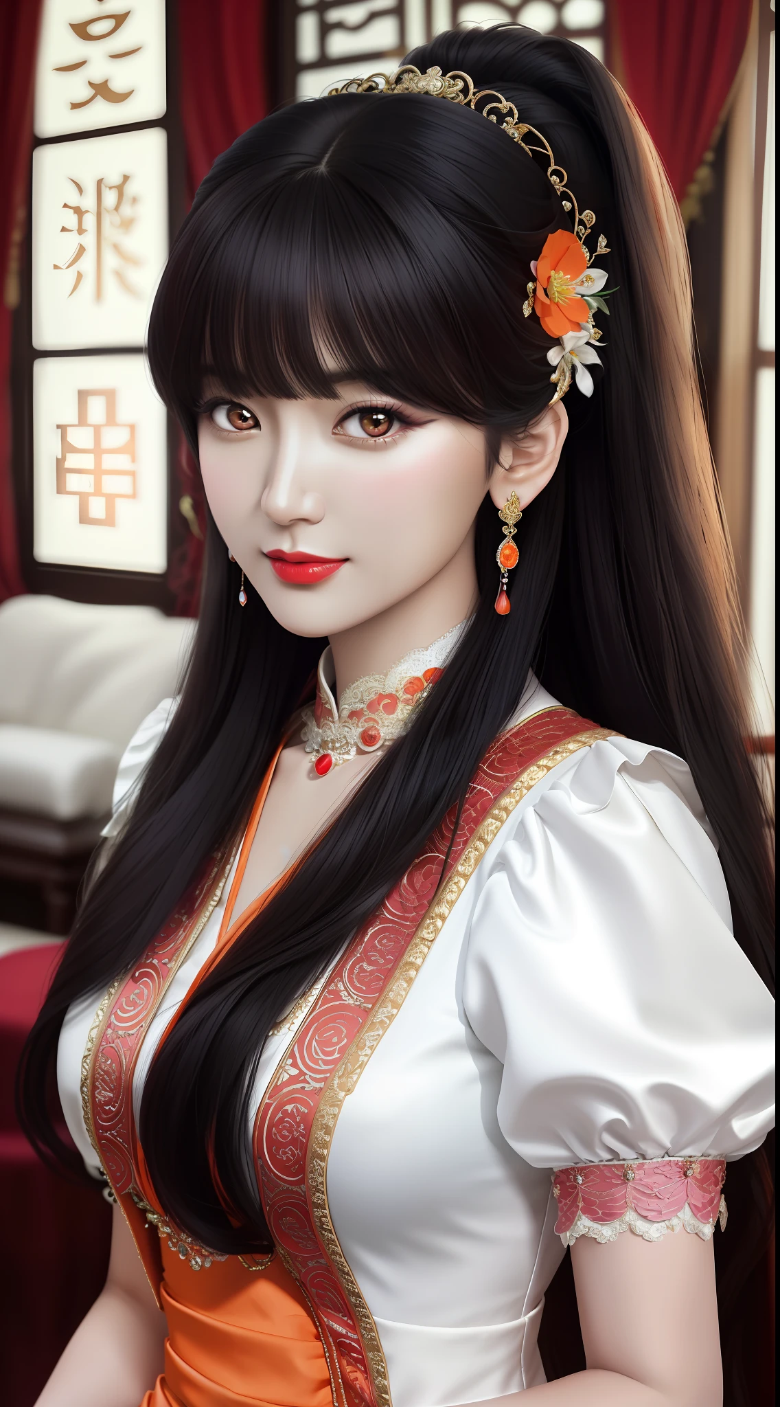 1 beautiful adult princess , looking at viewer, upper body, realistic,real girl, gentle girl, Girly, smooth pink and white skin, Front bangs, large breasts and round, excessively frilled princess dress, draped clothes, flawless face, jewelry, high nose, ornament, flower, lace trim, beautiful big and round orange eyes, sharp eyebrows, very sharp and detailed peacock eyelashes and makeup,orange red lipstick, Smile without opening your lips, long silky black hair and jewelry clips, masterpiece, best quality, 8k, detailed skin texture, detailed cloth texture, beautiful detailed face, intricate details, chinese ancient style, ultra detailed, rim lighting, side lighting, cinematic light, ultra high res, 8k uhd, film grain,best shadow, delicate, RAW photo, detailed and clear images, extremely sharp images,