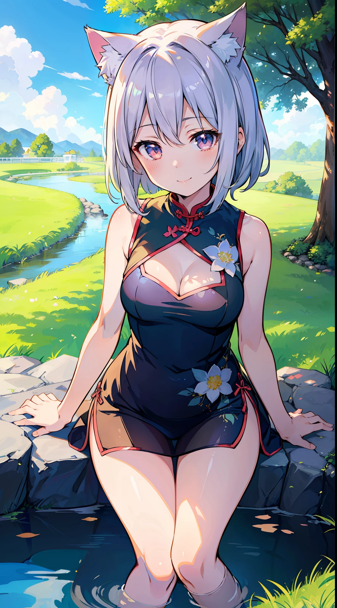 Masterpiece, Top Quality Anime Illustration, Super Detail, Single Girl, Solo, Beautiful Girl with Silver Hair, Anime , Cat Ear Lolile Color Grass See-Through Cheongsam, Short Cheongsam, Sleeveless, Smile, Bare Skin Side Breast, Thigh Focus, Cleavage Emphasis, Hot Spring