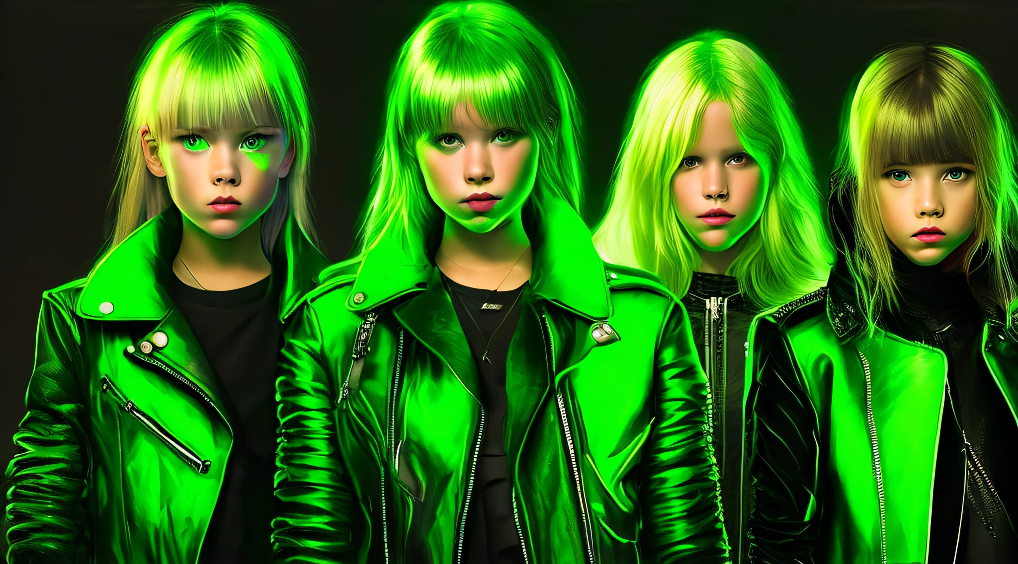 3 kids girls WITH STRAIGHT blonde HAIR, green leather jacket and black clothes. PORTRAT STYLE, a green glow, detalized background of green glow, green glow, green ambient light, bright green, radioactive glow green, neon green, sickening green colors.