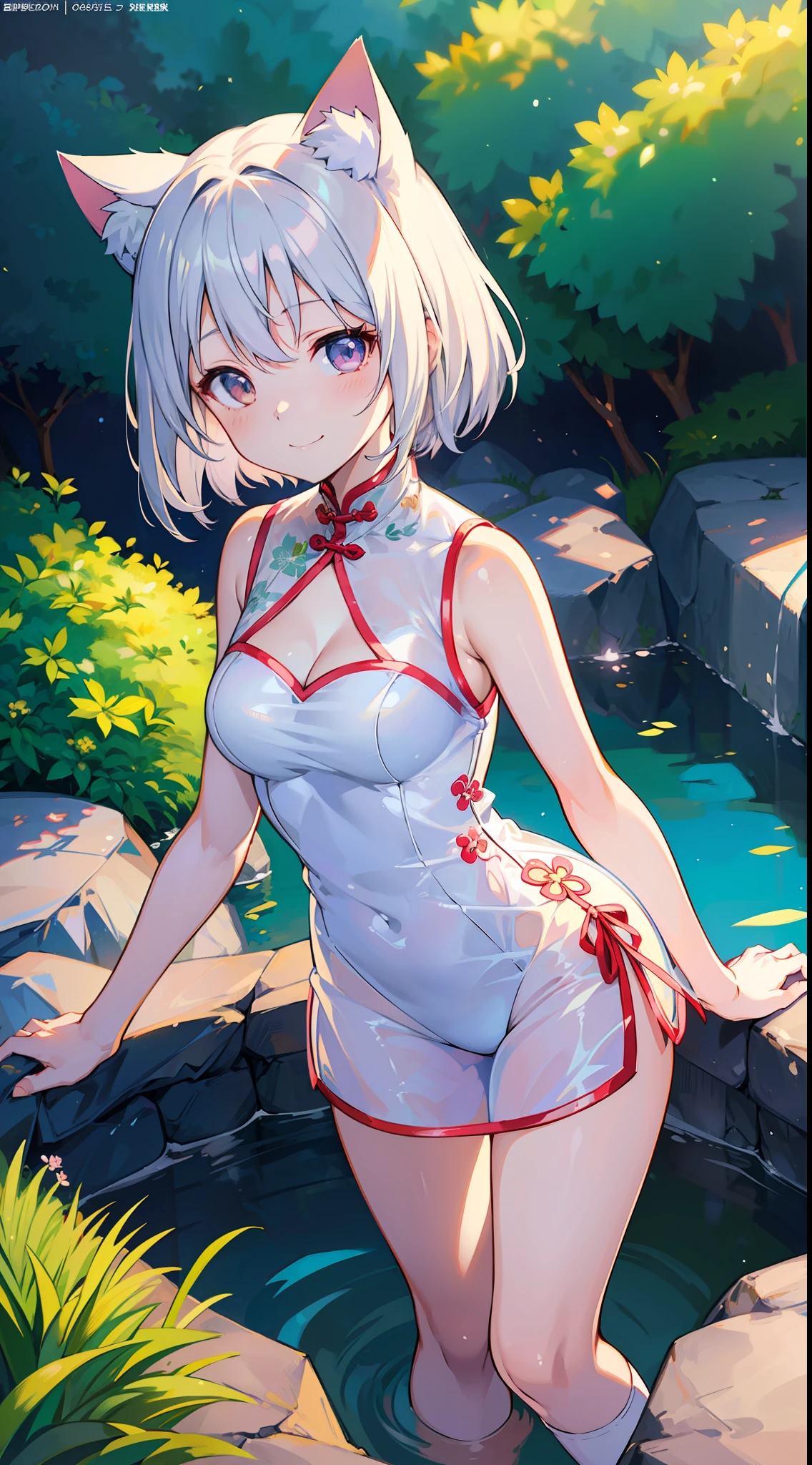 Masterpiece, Top Quality Anime Illustration, Super Detail, Single Girl, Solo, Beautiful Girl with Silver Hair, Anime , Cat Ear Lolile Color Grass See-Through Cheongsam, Short Cheongsam, Sleeveless, Smile, Bare Skin Side Breast, Thigh Focus, Cleavage Emphasis, Hot Spring