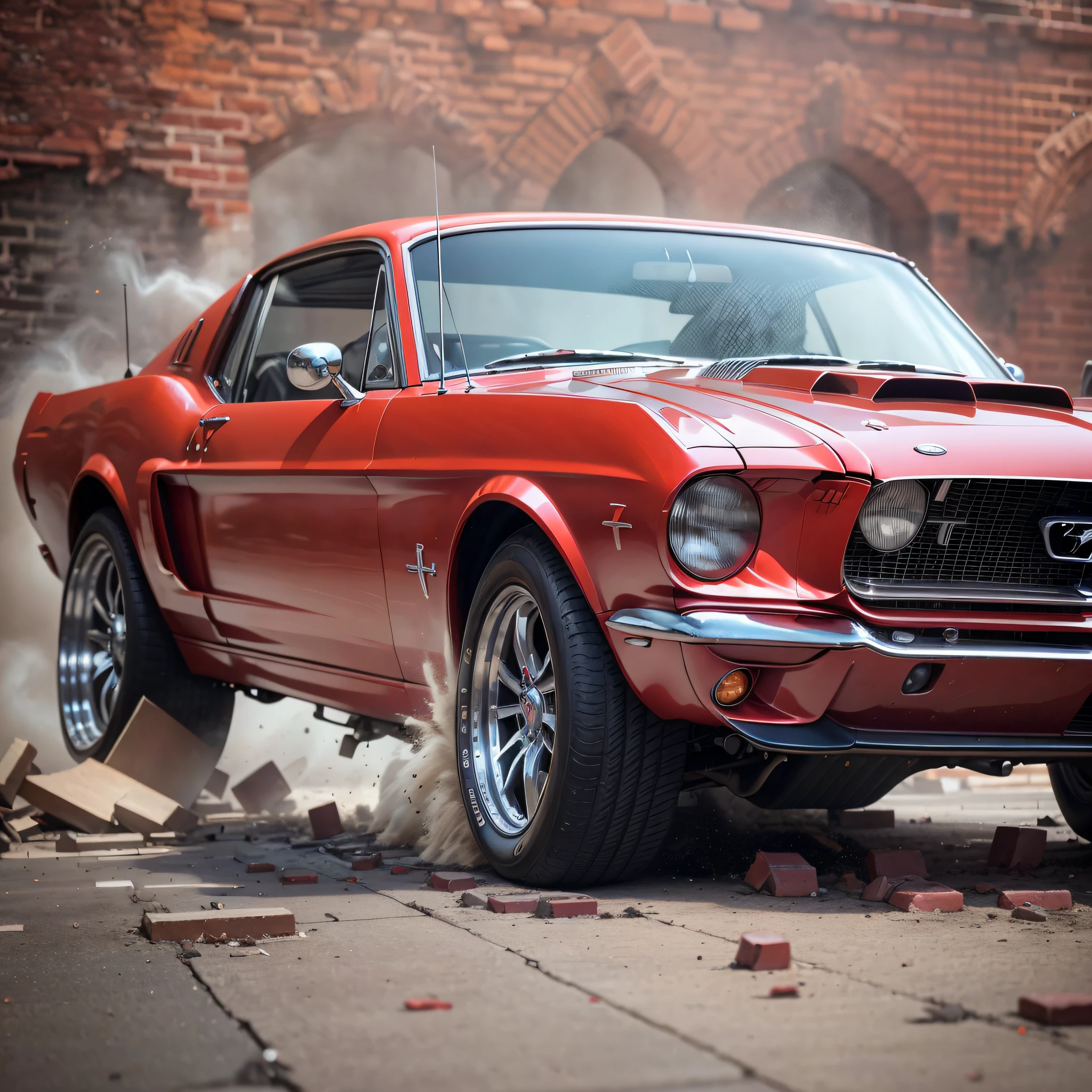 A man polishing a red 1967 Mustang car hitting a wall of old bricks and concrete in paris city tower eiffel, spraying debris on the ground and in the air scenery in paris -upscale-imagine --imagine - want more?join our official channel for unlimited creation ,((top quality, 8k, masterpiece)))), sharp focus, , slender, background. --auto --s2