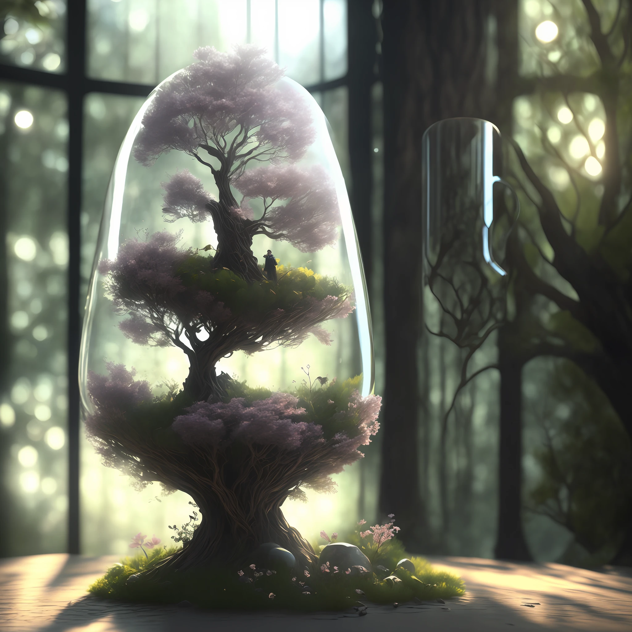 Tree of dreamlike art in a bottle, cute, realistic, photo, canon, dreamlike, art, leaves and colorful branches with flowers on the top of the head in the background a window overlooking the forest. Hyper-detailed photorealism by Greg Rutkowski - H 1024 W 804 | F 1 6 Lens Brand 2:2 S 3555 mm Film Granulation:1 Real High Resolution Sharp Focus Contrast!! intricate detailed atmospheric light refraction lighting unreal engine 5 cinematic concept photography masterpiece octane rendering trend rendering in cgsociety rendered as