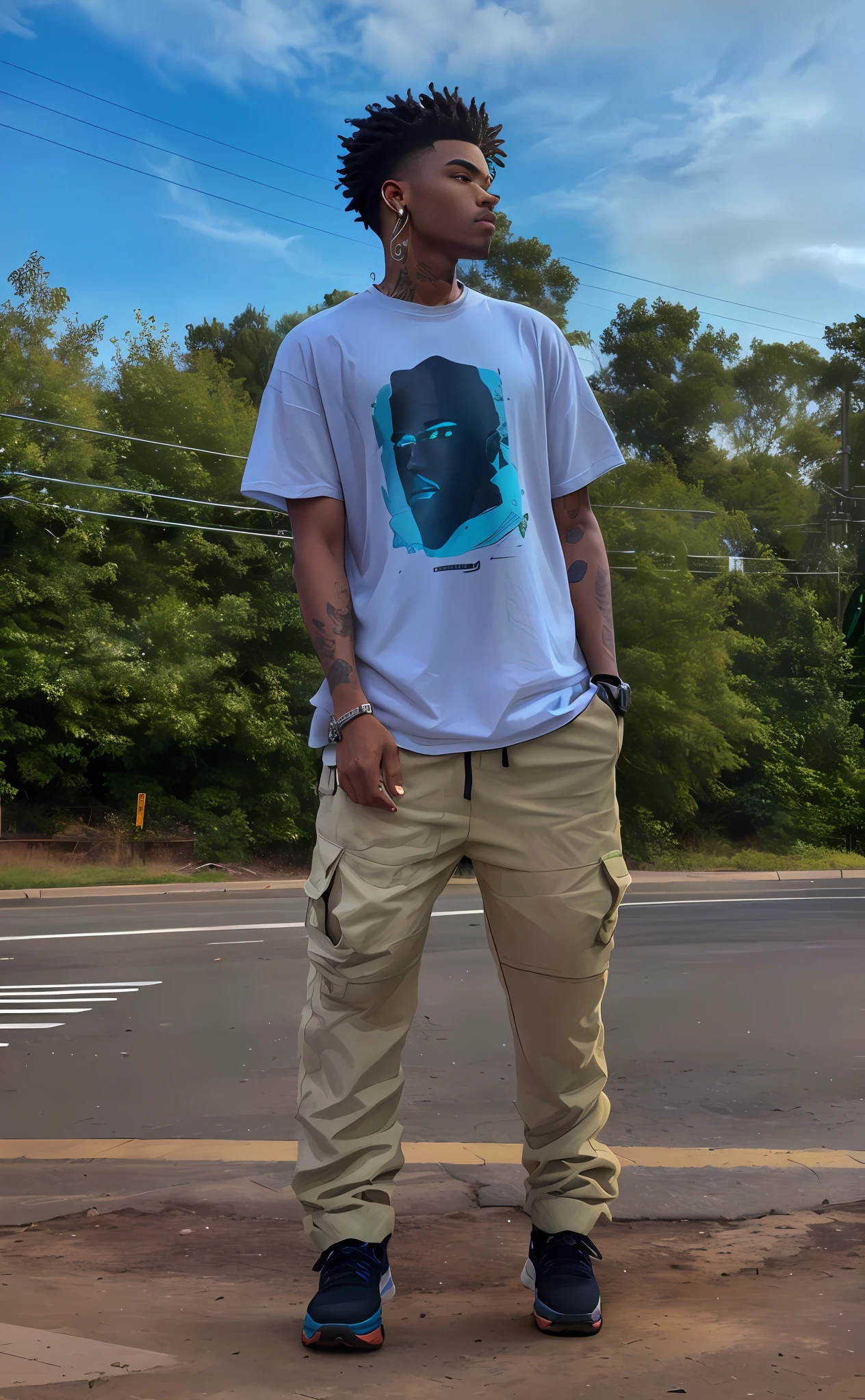 Arafed man standing on the side of the road with his hands in his pockets, mid shot portrait, mid portrait, medium portrait, full body length shot, outlive streetwear collection, wearing a t-shirt and fights, full portrait, high quality portrait, wearing space techwear, wearing urban techwear, trend in r/streetwear, full body photo, classic vibes with gun in hand