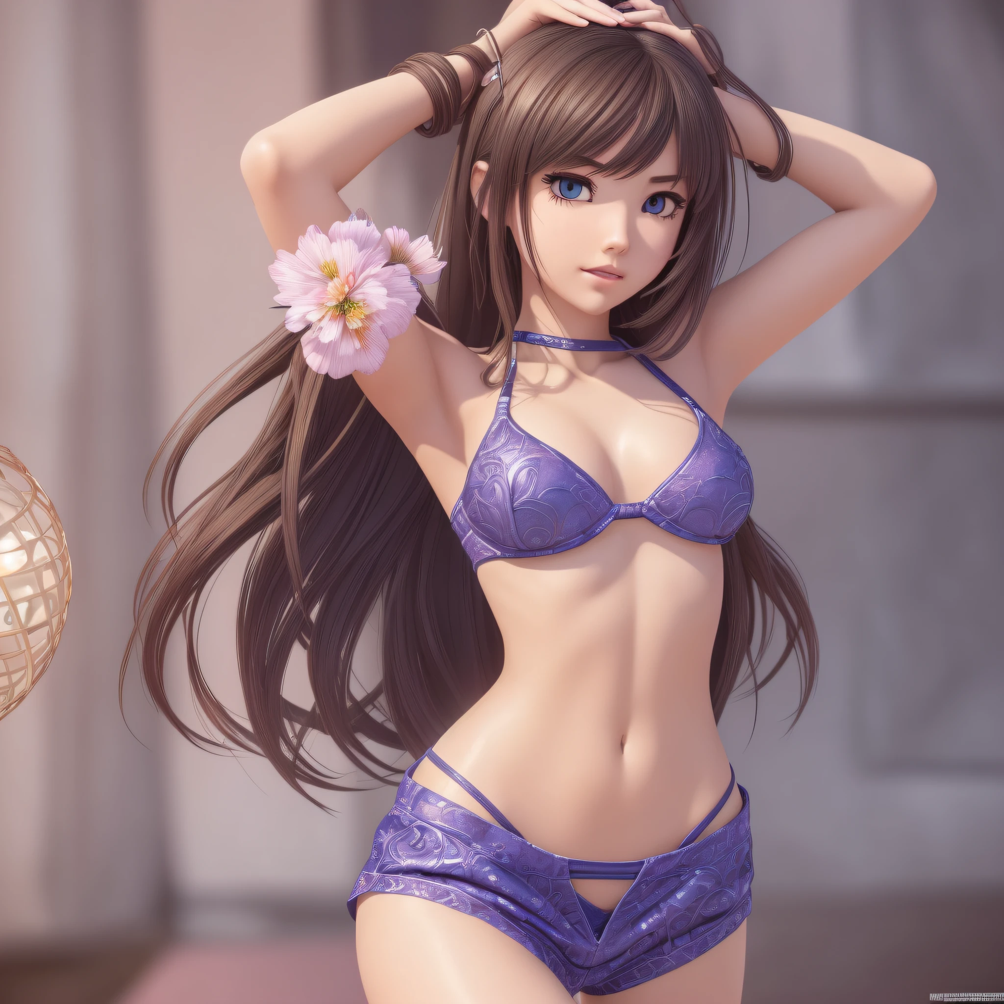 (1 girl: 1.3), Solo, ((((Highly detailed face)))), (((Full body))),(((Angle from behind)))), Beautiful detailed eyes, Body parts__, Official Art, Unified 8k wallpaper, Ultra detailed, ((Best Quality, 8k, Masterpiece: 1.3)), Slender Beautiful Girl: 1.3, Vertical Navel, Bikini, (((Shorts)))), attractive thighs,