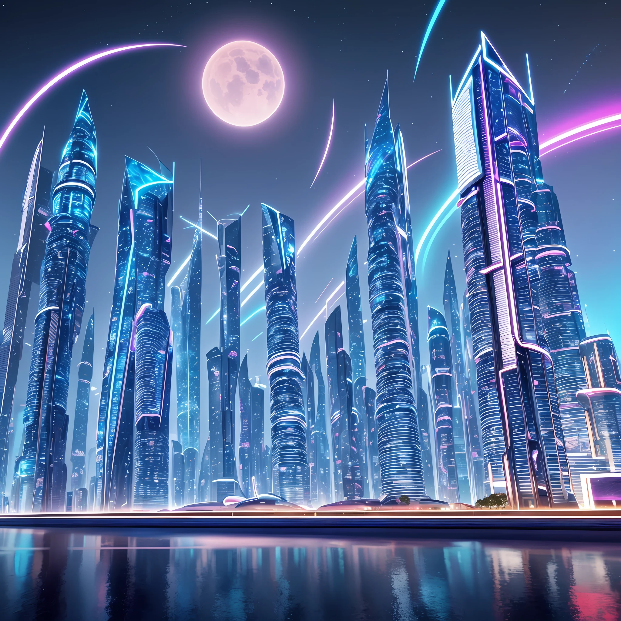 In a futuristic landscape, an architectural structure, abstract forms and complex patterns. Iridescent lights illuminate the scene, creating fascinating shadows and reflections. Details of intricate textures and futuristic materials, vibrant colors contrasts with the night sky. On the horizon, skyscrapers and a futuristic city shine brightly. Pixel: 640x480, Resolution: 1, Sampling method: DDIM, Number of simulation and integration steps: 15, CFG scale: 5, Seed: 123, Upscale: 1, tags: masterpiece, scenery, colors, details, futuristic --auto --s2