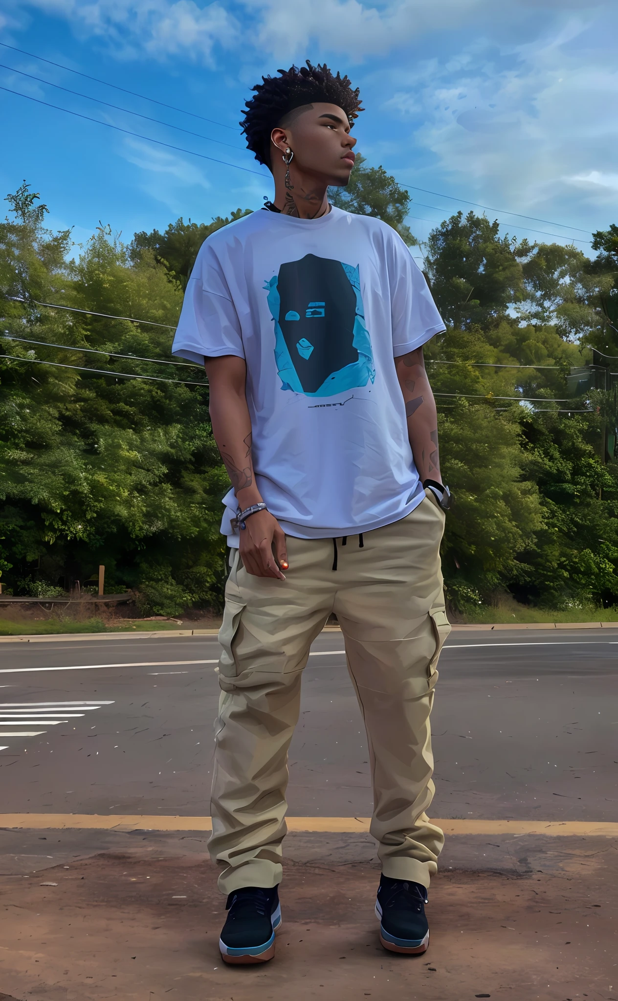 Arafed man standing on the side of the road with a skateboard, mid shot portrait, trend in r/streetwear, distant full body shot, full body length shot, full body picture, mid portrait, full portrait, wearing a fisher 🧥, medium portrait, full body shot!!, outlive streetwear collection, wearing a tee shirt and combats with a gun in hand