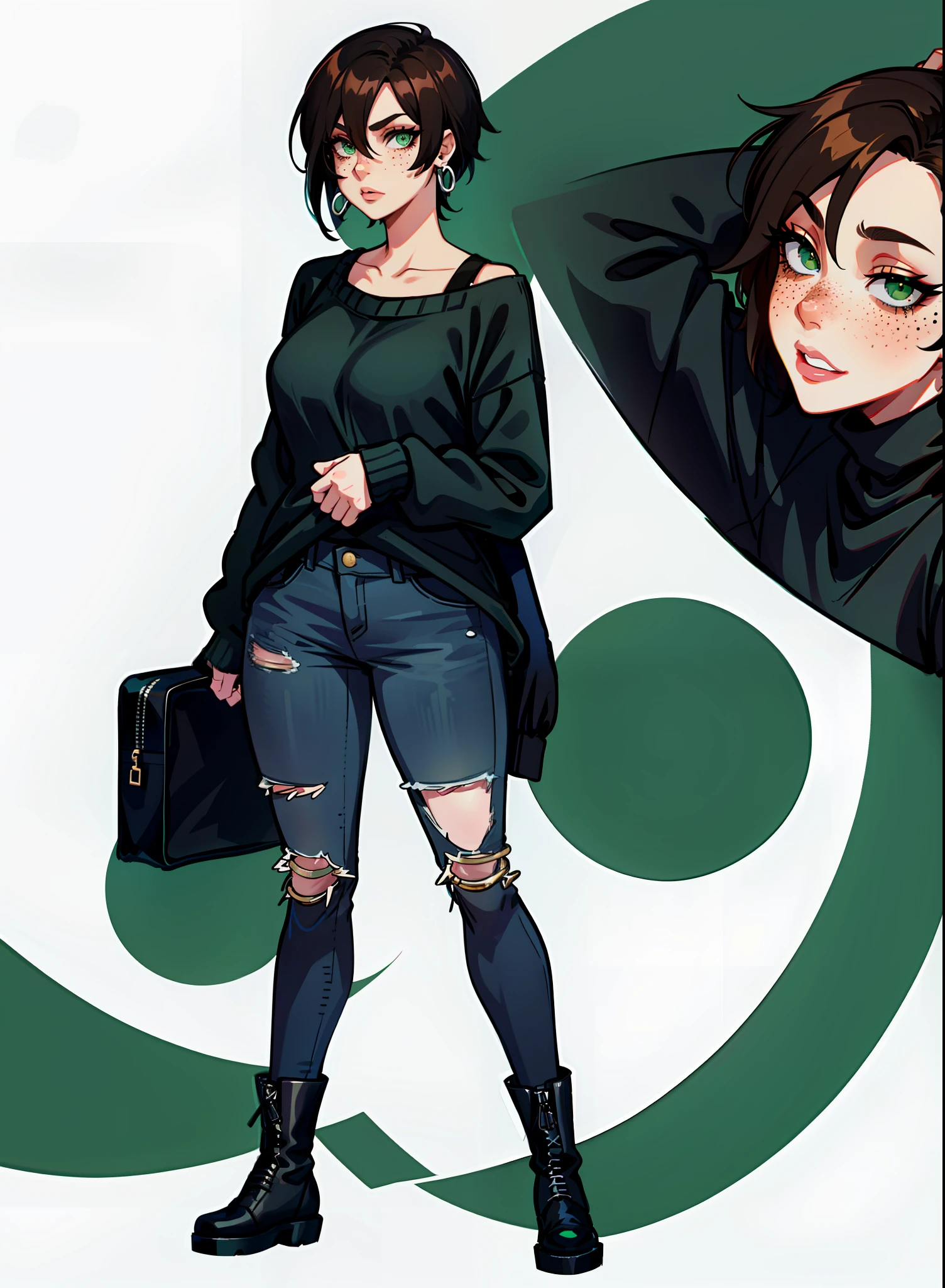 1woman, 1girl, solo woman, 1 person, single person, woman with a black baggy shirt and blue jeans, full body portrait of a short!, urban girl fanart, !!full body portrait!!, fullbody portrait, full body character portrait, wearing casual clothes, full-body character portrait, detailed full body portrait, character full body portrait, full body illustration, anime full body illustration, anime style character, short brown hair, combat boots, green eyes, Black sweater, freckles, hoop earings, loose sweater, baggy sweater, color black, ((Oversized sweater)) ((no item in hands))