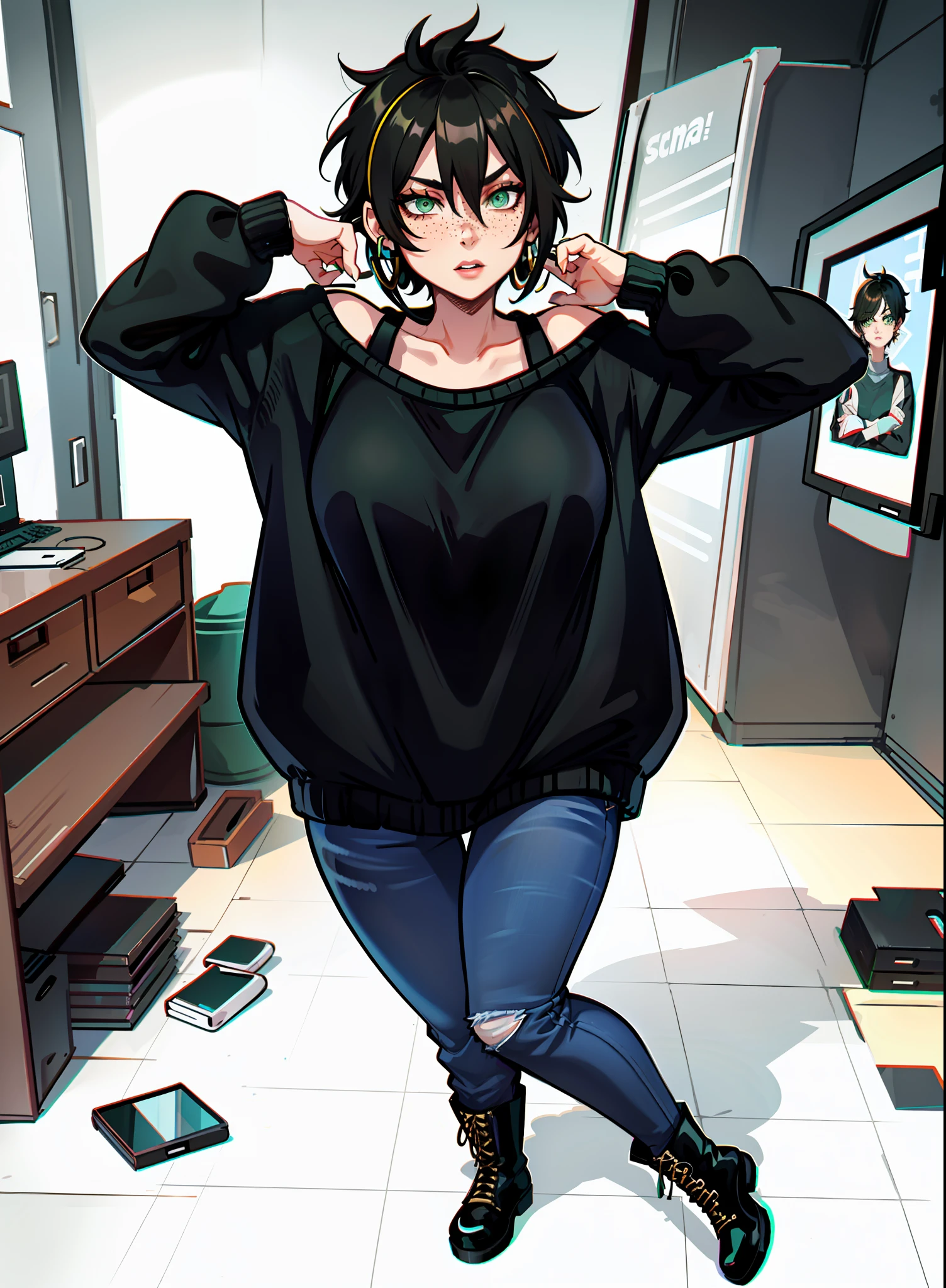 1woman, 1girl, solo woman, 1 person, single person, woman with a black baggy shirt and blue jeans, full body portrait of a short!, urban girl fanart, !!full body portrait!!, fullbody portrait, full body character portrait, wearing casual clothes, full-body character portrait, detailed full body portrait, character full body portrait, full body illustration, anime full body illustration, anime style character, short brown hair, combat boots, green eyes, Black sweater, freckles, hoop earings, loose sweater, baggy sweater, color black, ((Oversized sweater)) ((no item in hands))