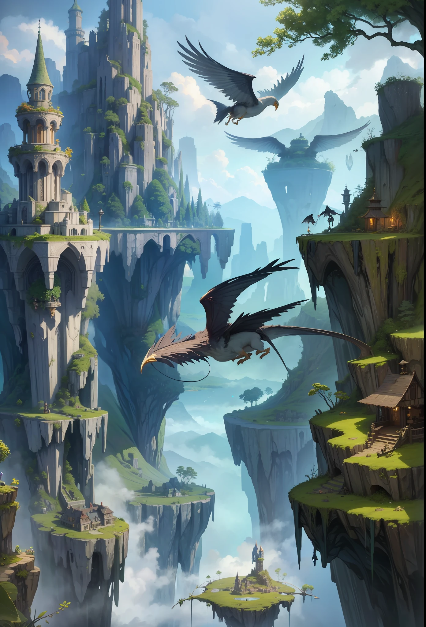 island suspended in the sky, cities, fantasy, elves, nymphs, goblins, magical plants growing, a large flying bird, fog, extreme details, realistic light, epic composition, (complex details), (ultra detail: 1.2), Art Station, (Masterpiece, Best Quality)