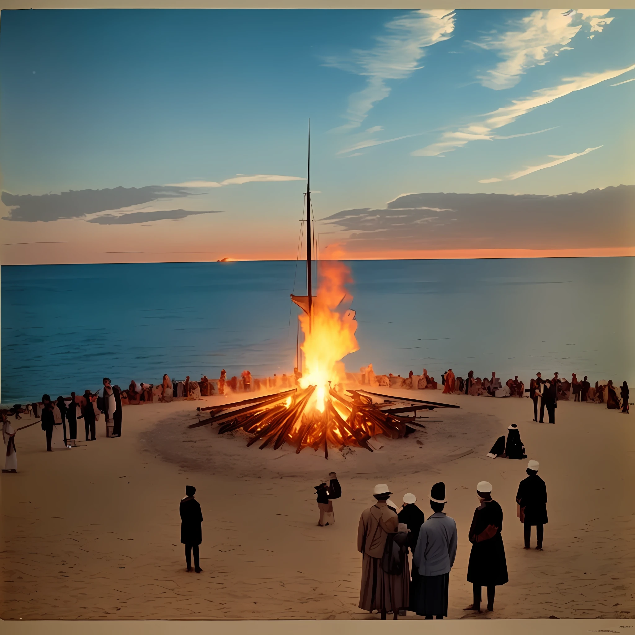 Thodōros Angelopoulos style, evening, moonlight, seaside, several people standing by a huge campfire, photography, retro party, 1920s, low saturation, masterpiece 4k, surrealism --auto --s2