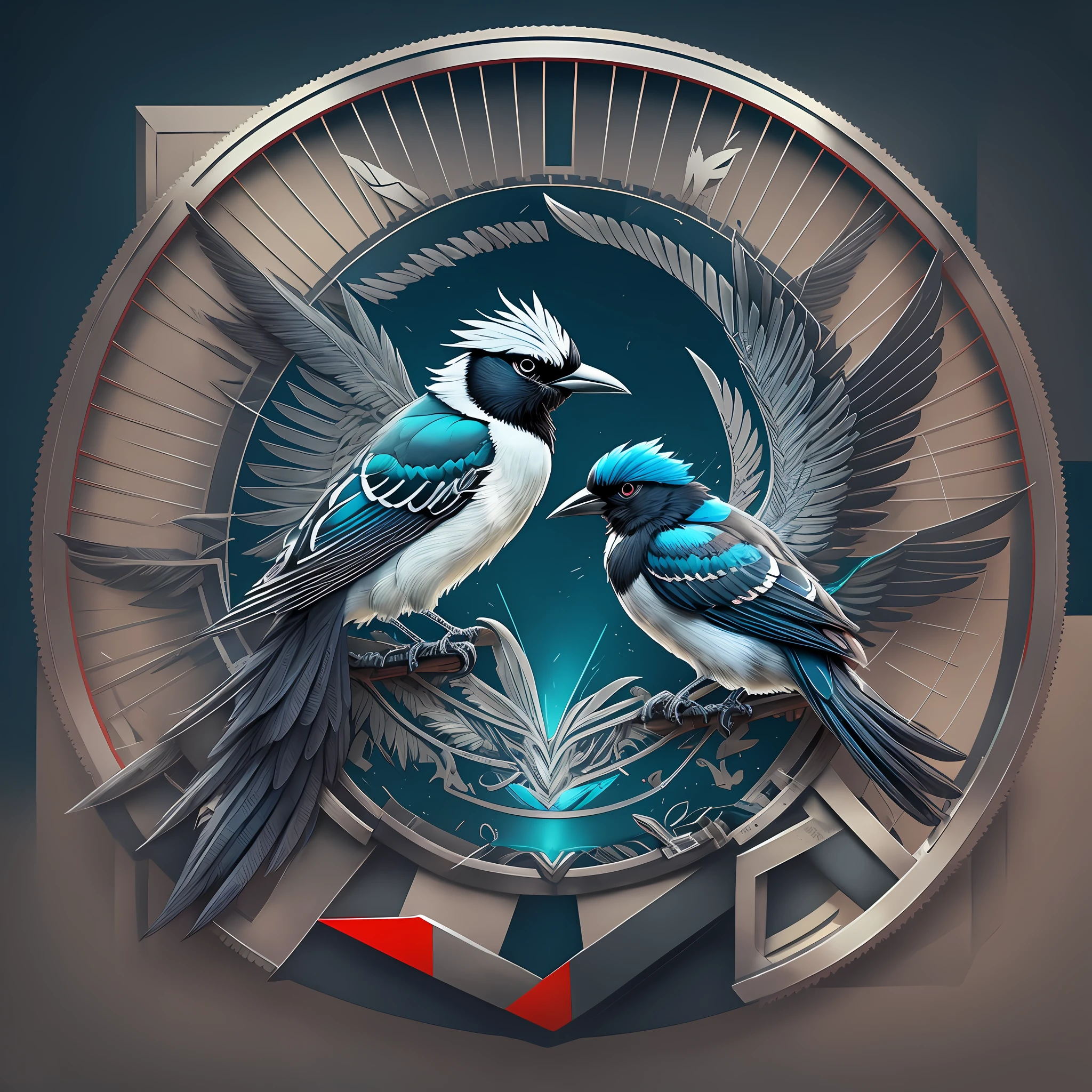 Magpie Bird Image: Two magpies and some engineering equipment elements as the main elements of the logo. Two magpies flying Engineering equipment: Add some graphics related to engineering equipment to the logo to highlight your company's main business. This can be some simplified icons such as air compressor, screw machine, water pump, etc. Cleverly combining these elements with the magpie bird image can enhance the overall visual effect of the logo. Color scheme: using dark blue, silver white and red, the logo pursues simple and simple atmosphere --auto --s2