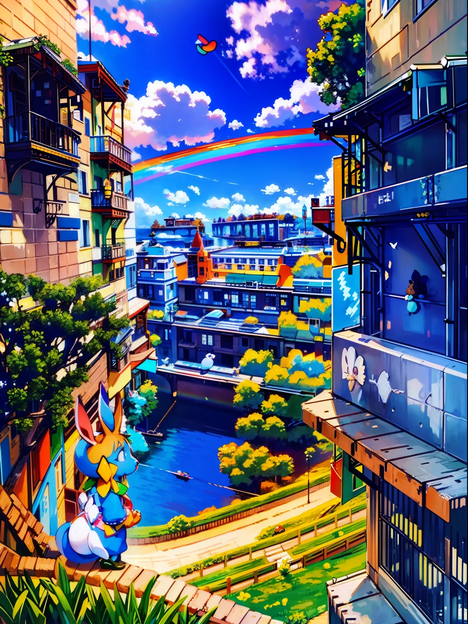 Masterpiece, best quality, little rabbit looking at the rainbow in the blue sky, the sun, the green space, the river