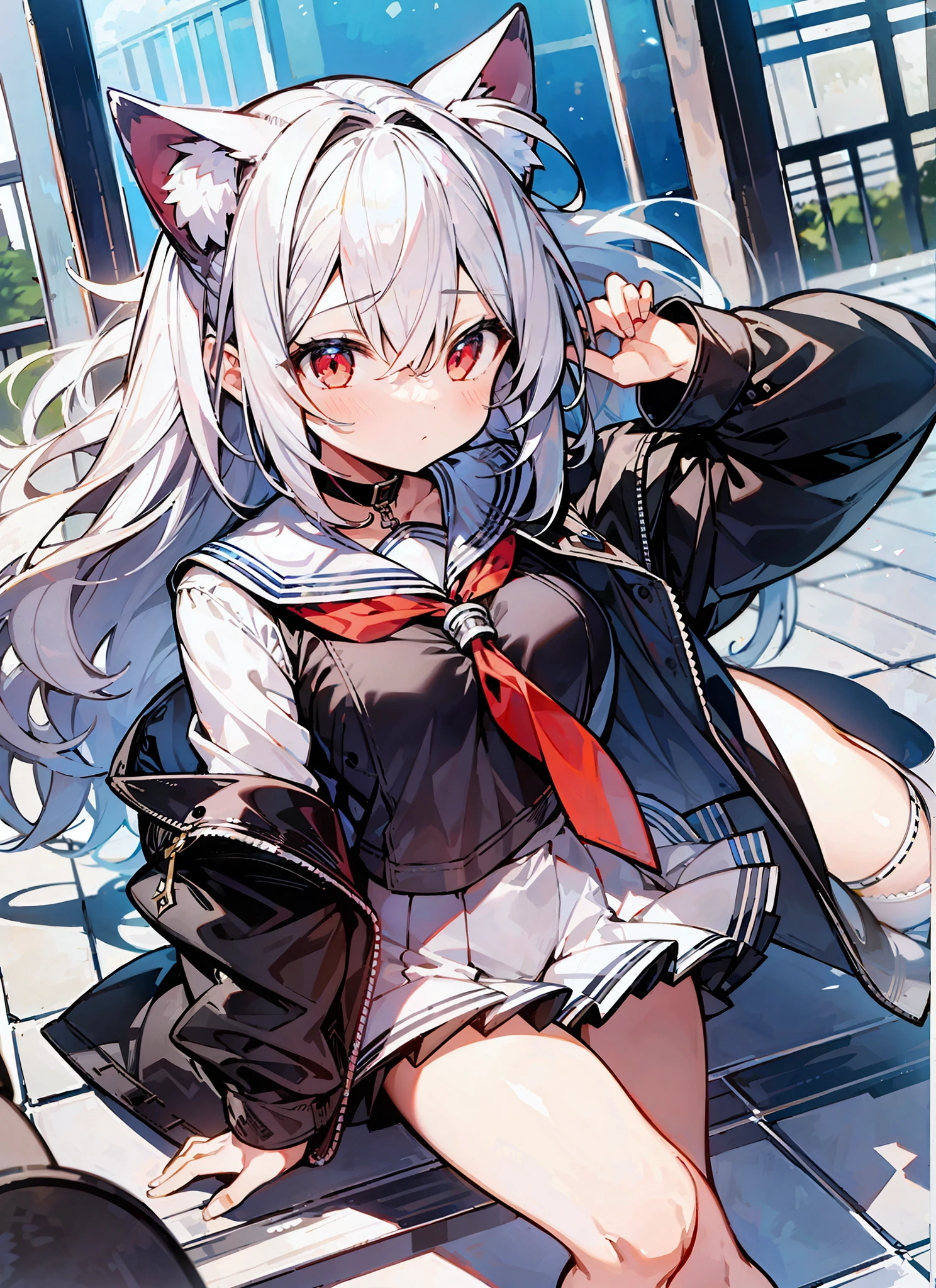 1girl, masterpiece, best quality, ultra-detailed, cat ears, boobs, li, chwhite hair ,red eyes ,medium hair ,hair between eyes ,thighs ,sailor fuku ,cute