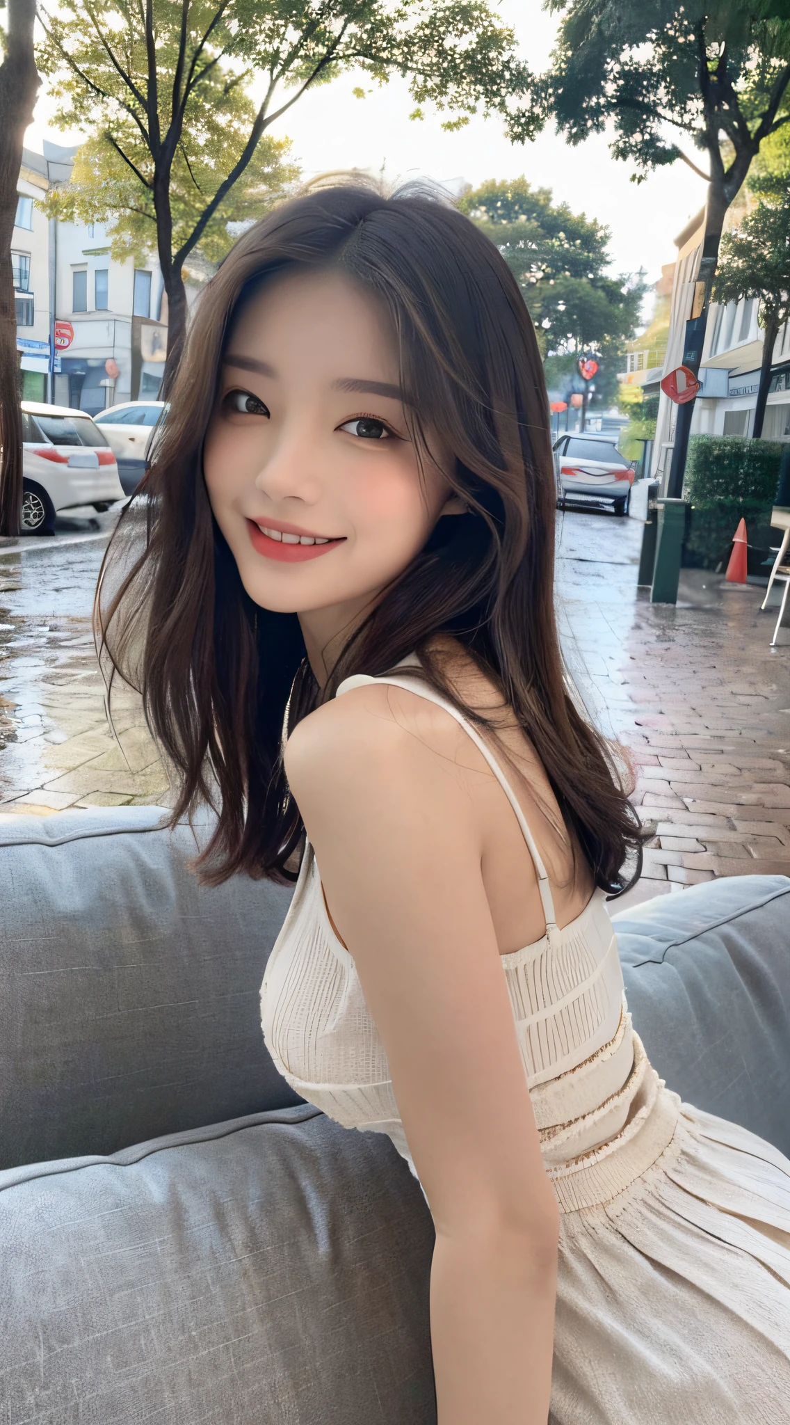 ((Best Quality, 8k, Masterpiece: 1.3)), Focus: 1.2, Perfect Body Beauty: 1.4, Buttocks: 1.2, ((Layered Haircut, Breasts: 1.2)), (Rain, Street: 1.3), Highly detailed face and skin texture, Fine eyes, Double eyelids, Whitened skin, Long hair, (Shut up: 1.3), smile, on the sofa