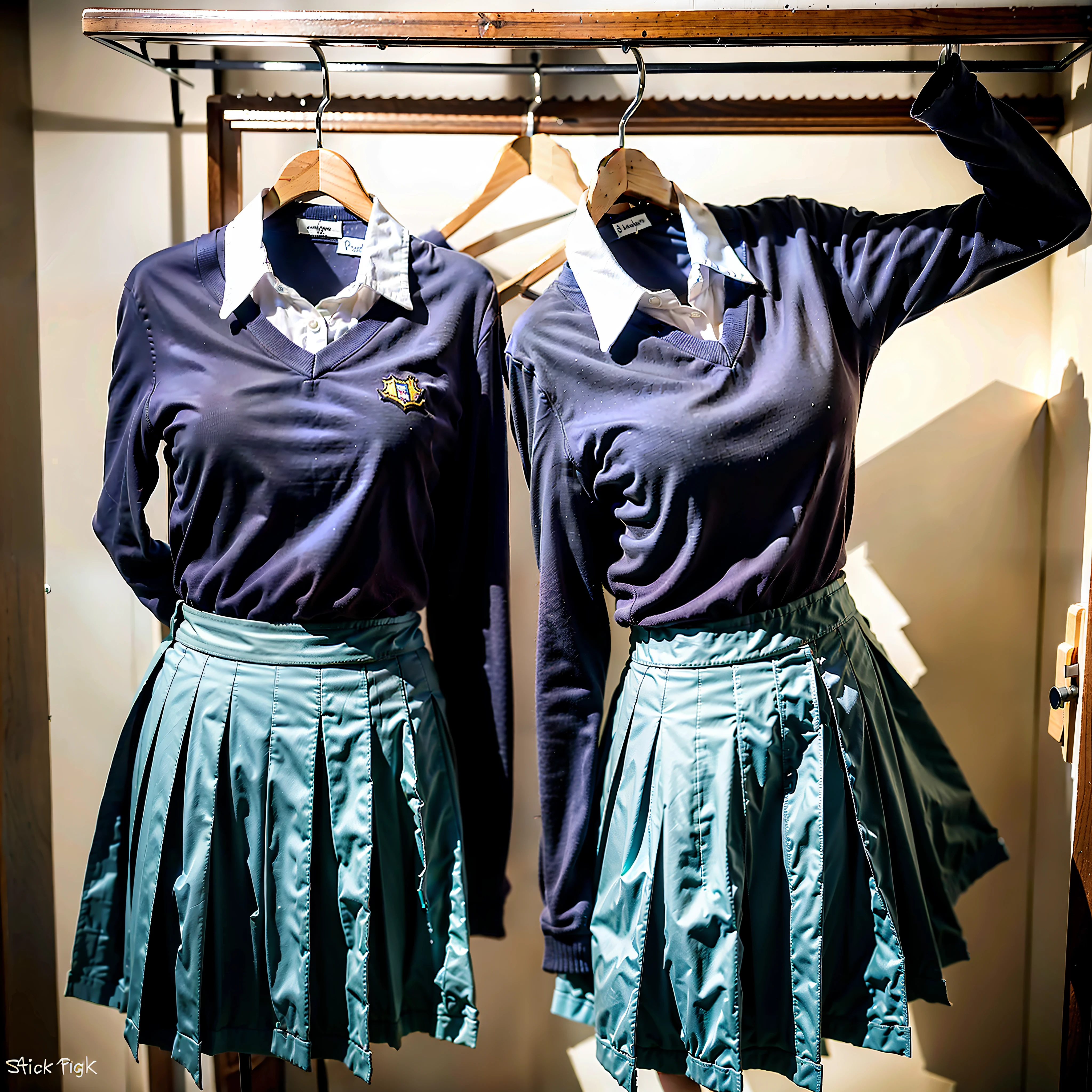 (Best quality, 8k, 32k, Masterpiece, UHD:1.2),invisible girls, beauty Japanese girl, narrow waist, blue shirt, school girls, school uniforms, from behind, in closet, hanger, (stick out one's buttocks:1.2), look at viewers, hanger school uniform, as if invisible girls wear school uniforms, headless, faceless, empty school uniforms, hanger school uniforms in closet swells as if worn by invisible girls, swelling school uniforms raise their sleeves