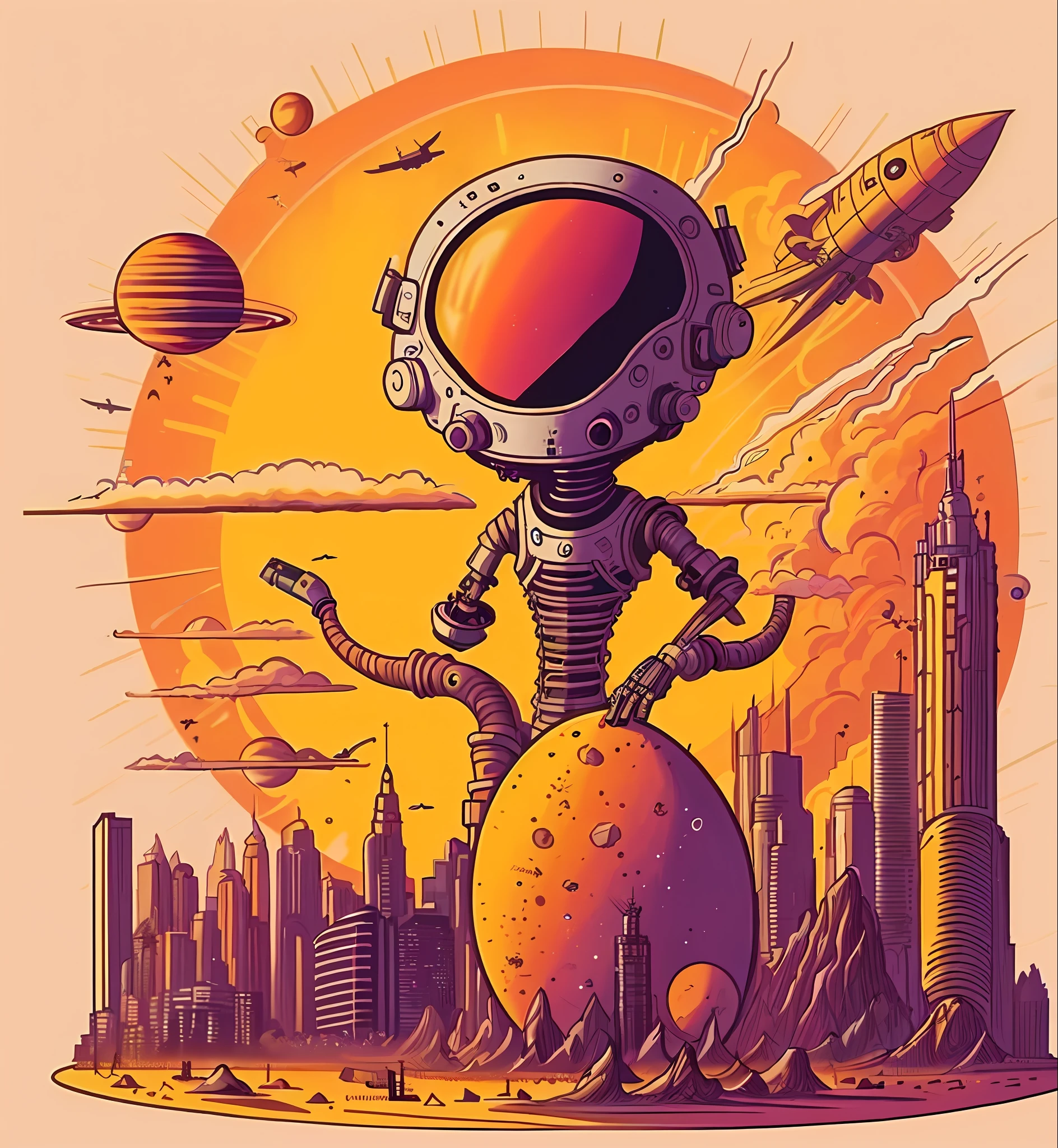 a poster of a spaceman with a spaceship on his head, retro sci - fi art, sci - fi illustrations, sci-fi illustrations, sci-fi digital art illustration, sci - fi illustration, space alien, sci-fi illustration, scifi illustration, detailed sci-fi art, sci fi artwork, inspired by Dan Mumford, retro futuristic illustration, by Justin Gerard