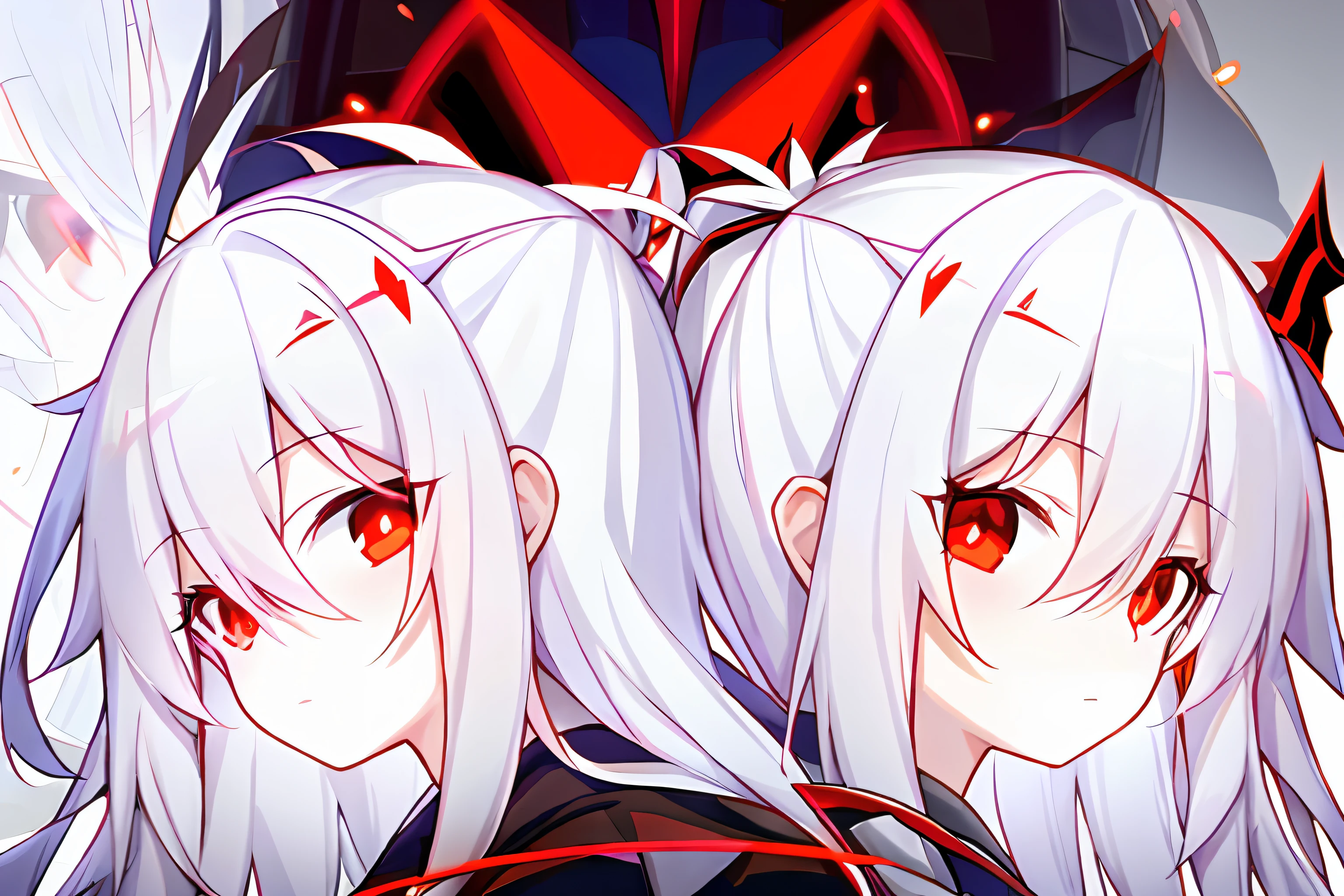 anime girl with white hair and red eyes in a black dress, portrait gapmoe yandere grimdark, gapmoe yandere grimdark, with red glowing eyes, white haired, white haired deity, white-haired, with glowing red eyes, evil expression, devious evil expression, demon anime girl, anime style like fate/stay night, gapmoe yandere