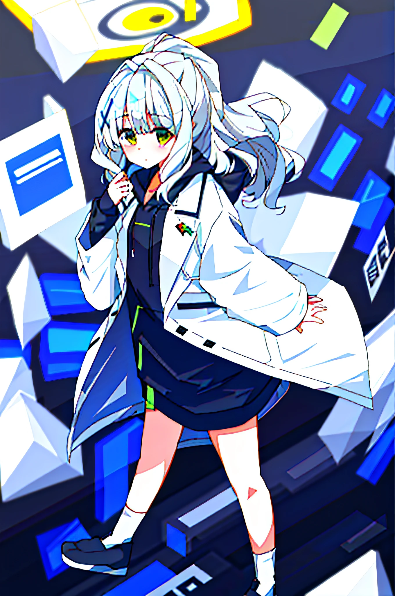 White coat,Y-shirt, thighs, full body, side lock, wavy hair, long hair, ponytail,