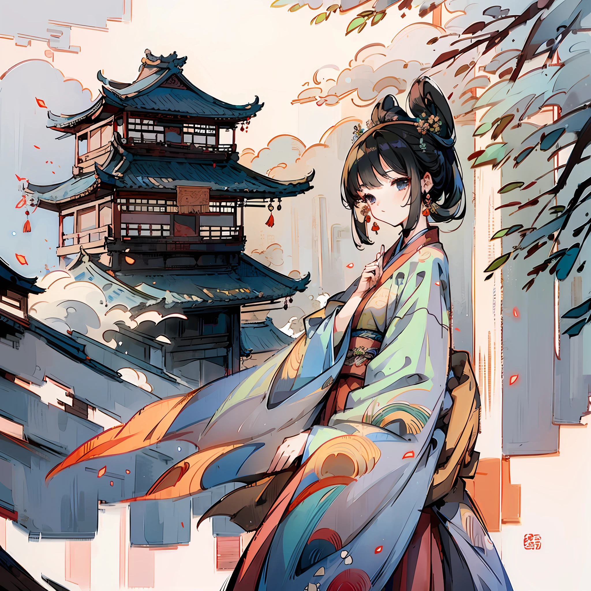 a beauty girl ,wear gorgeous hanfu, Chinese style buildings, landscape